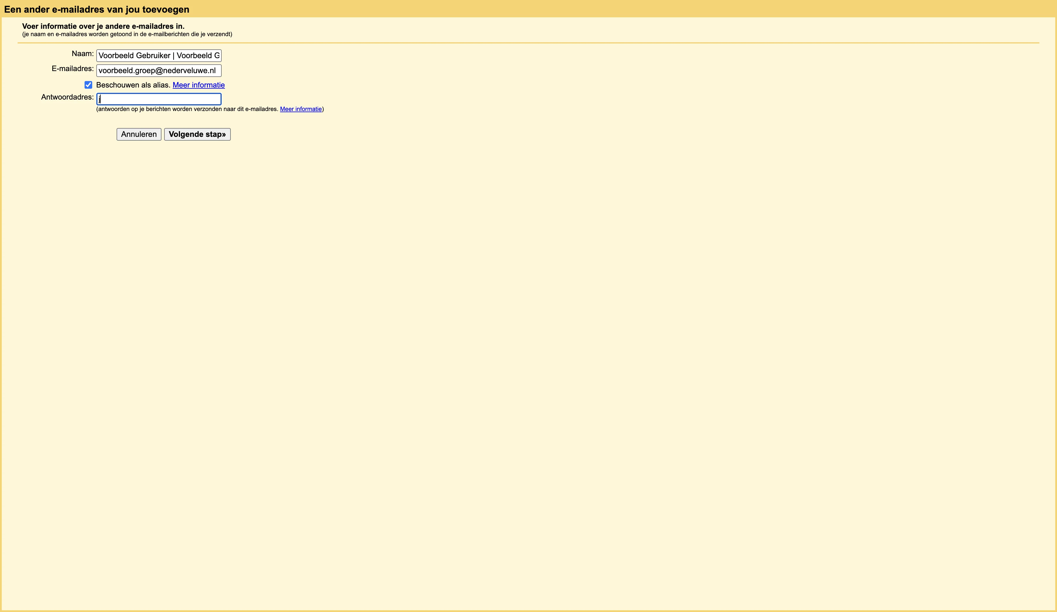 Screenshot showing Optioneel ander antwoordadres