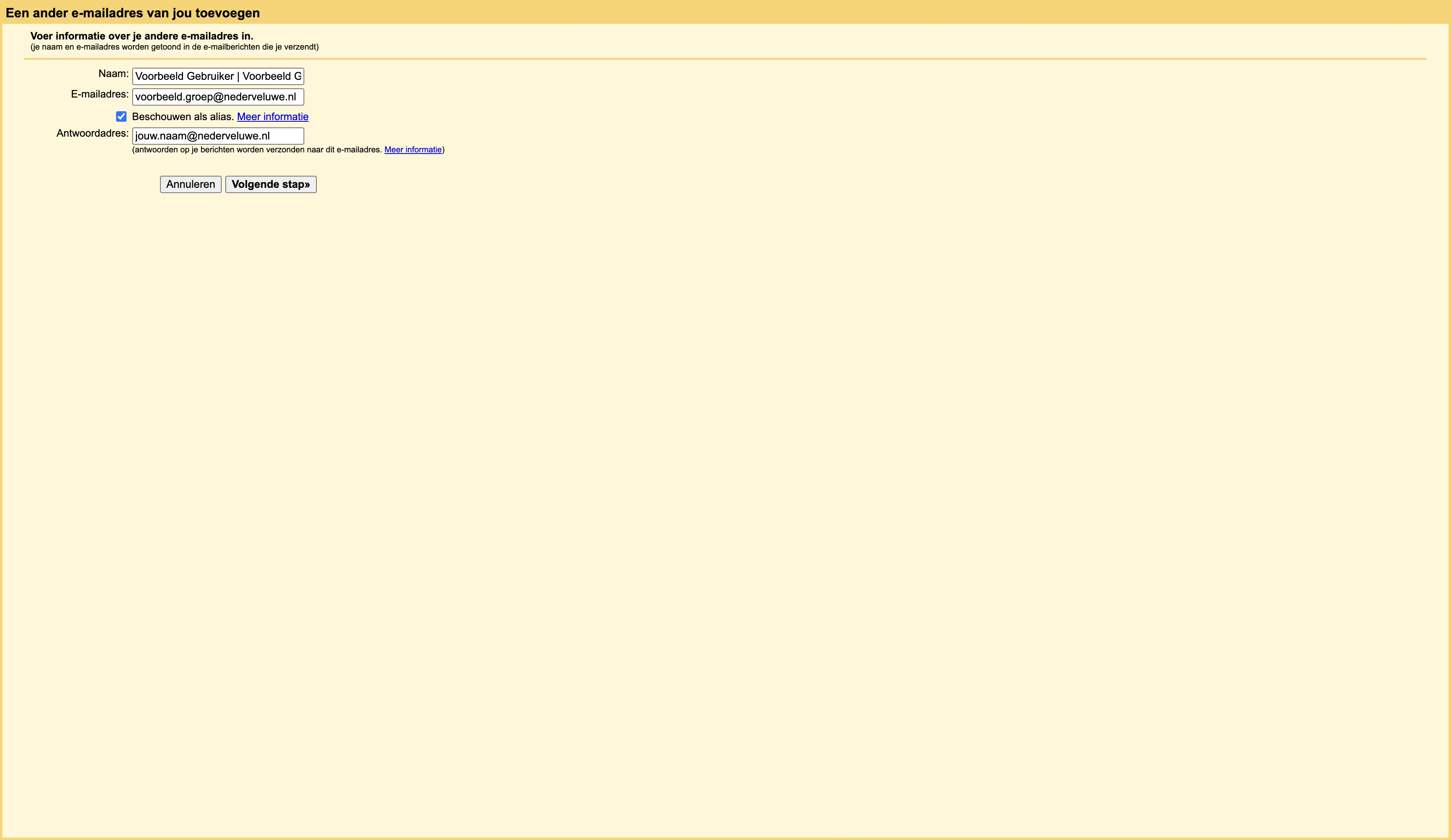 Screenshot showing Optioneel ander antwoordadres