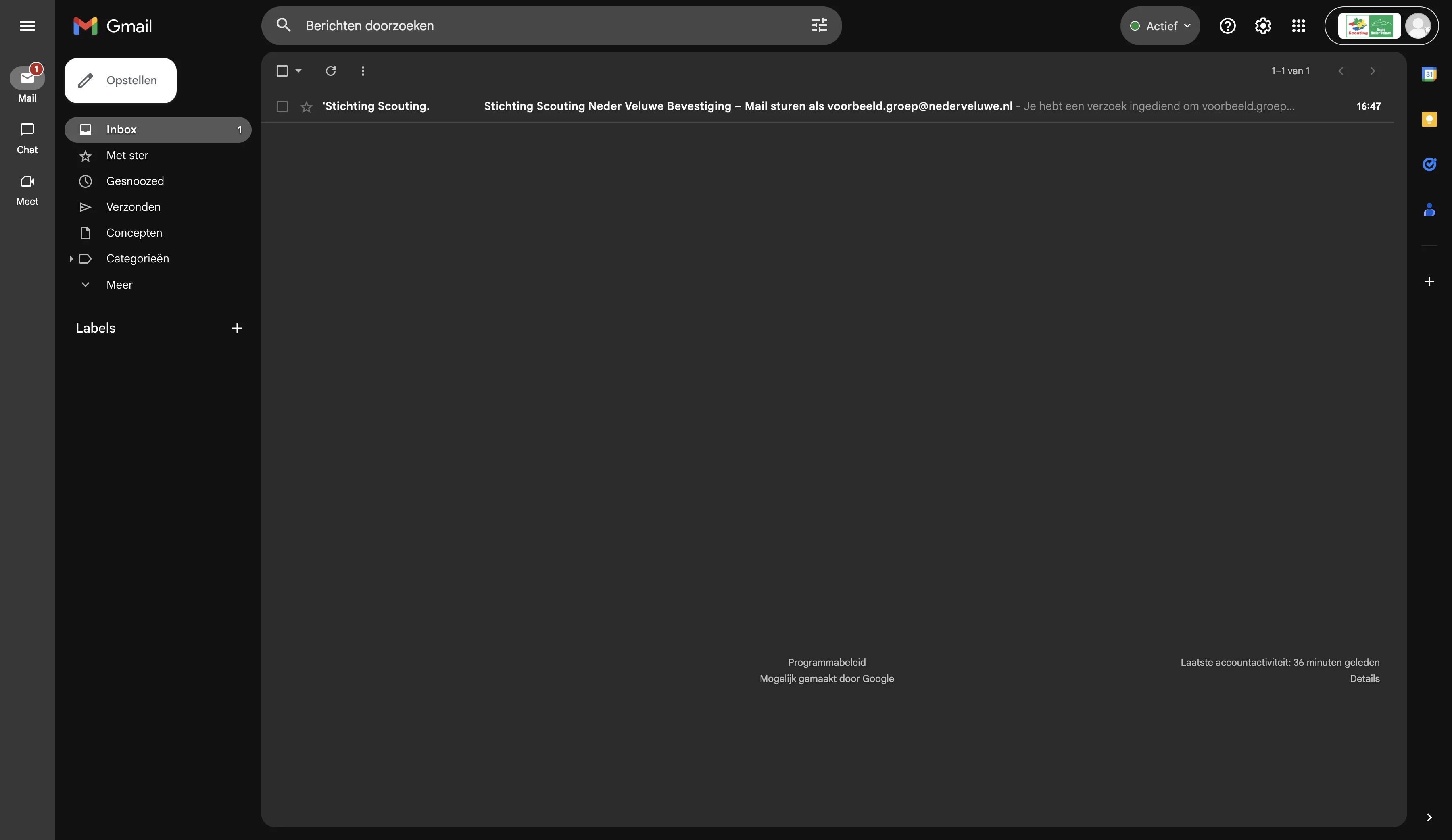 Screenshot showing Ga terug naar je Gmail (tabblad staat nog open)