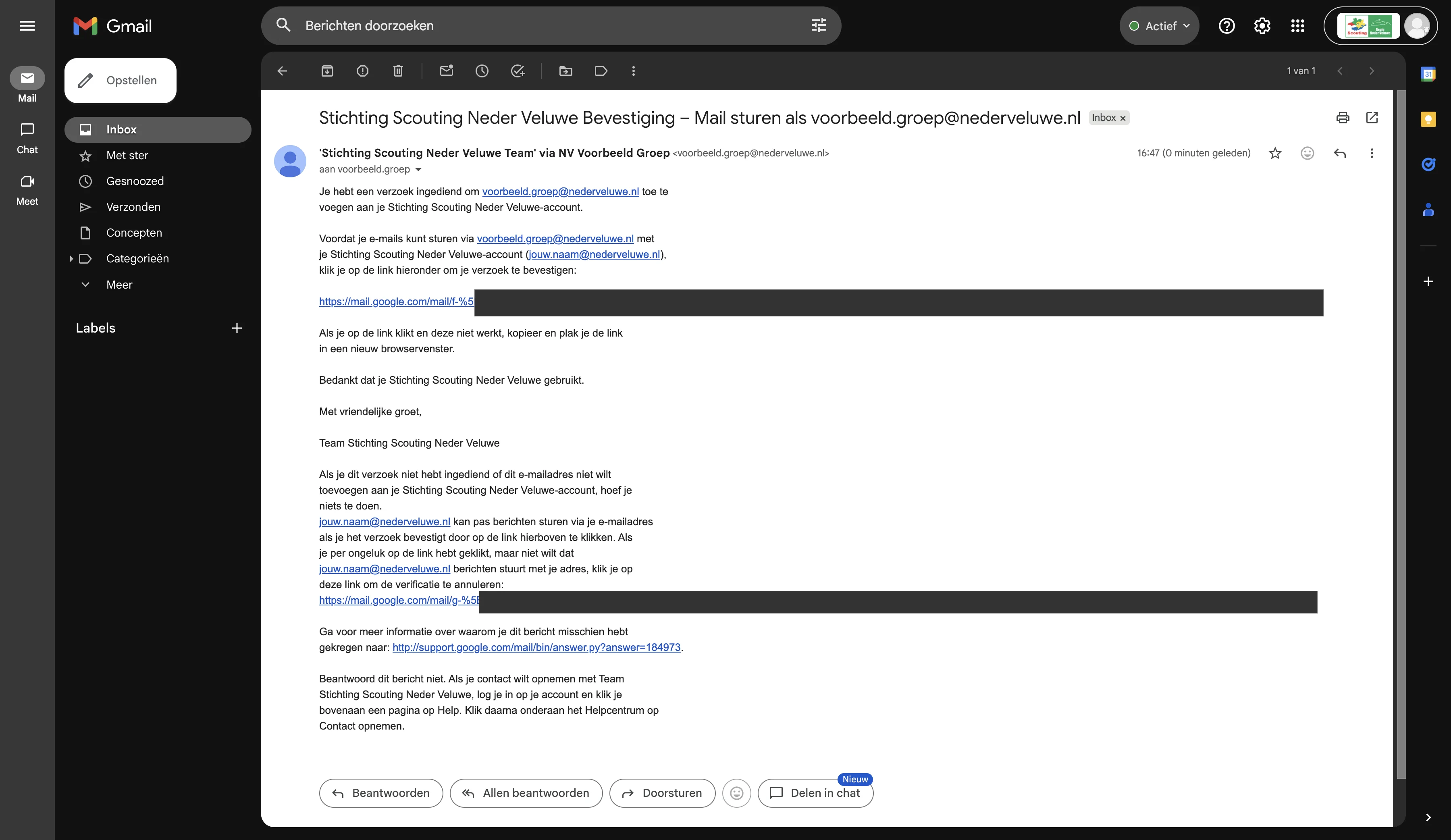 Screenshot showing Klik op de eerste link (niet e-mailadres). Dit is de link om het verzoek te bevestigen.