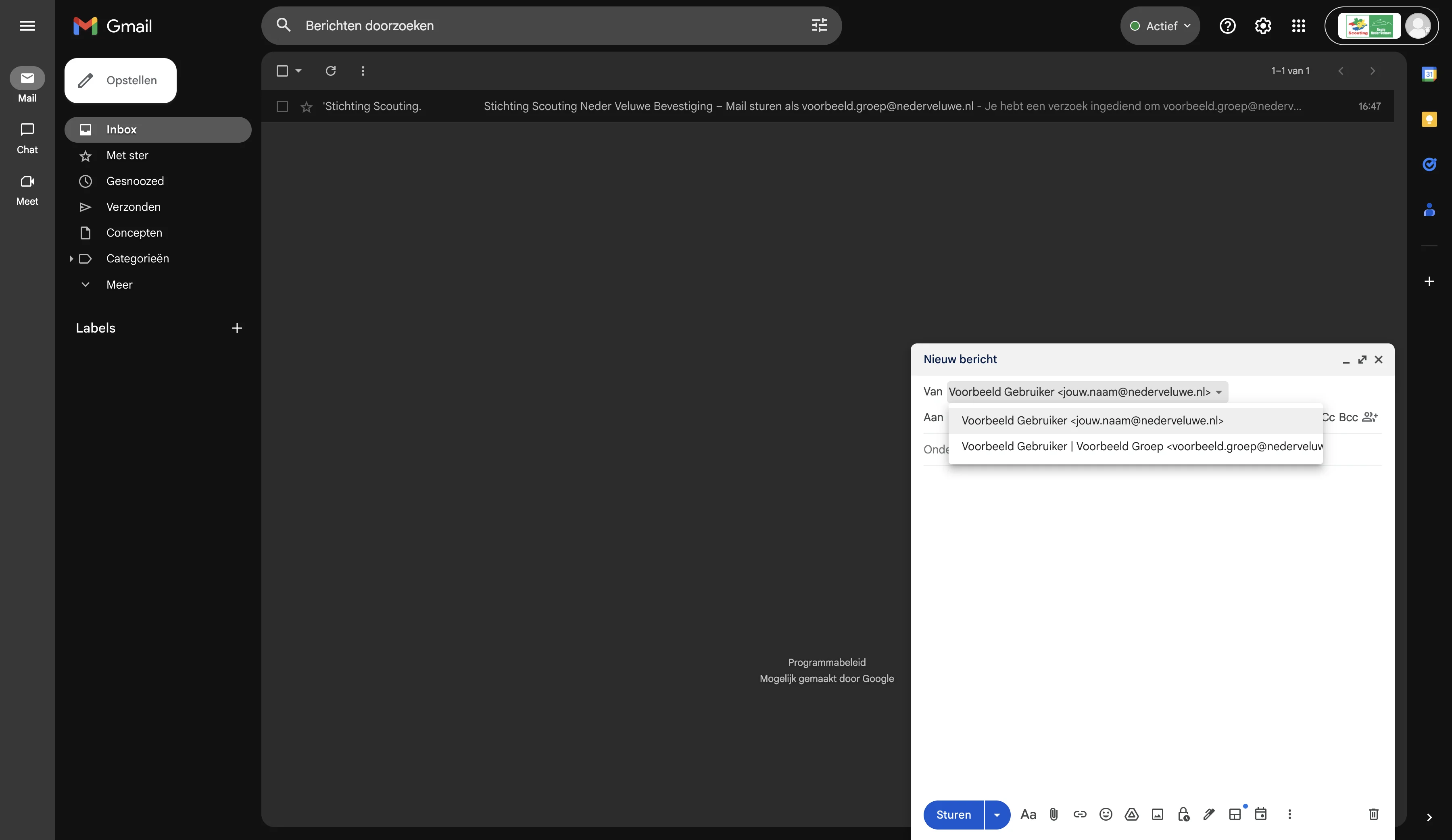 Screenshot showing De optie om een ander 'Van' e-mailadres te kiezen staat er nu bij