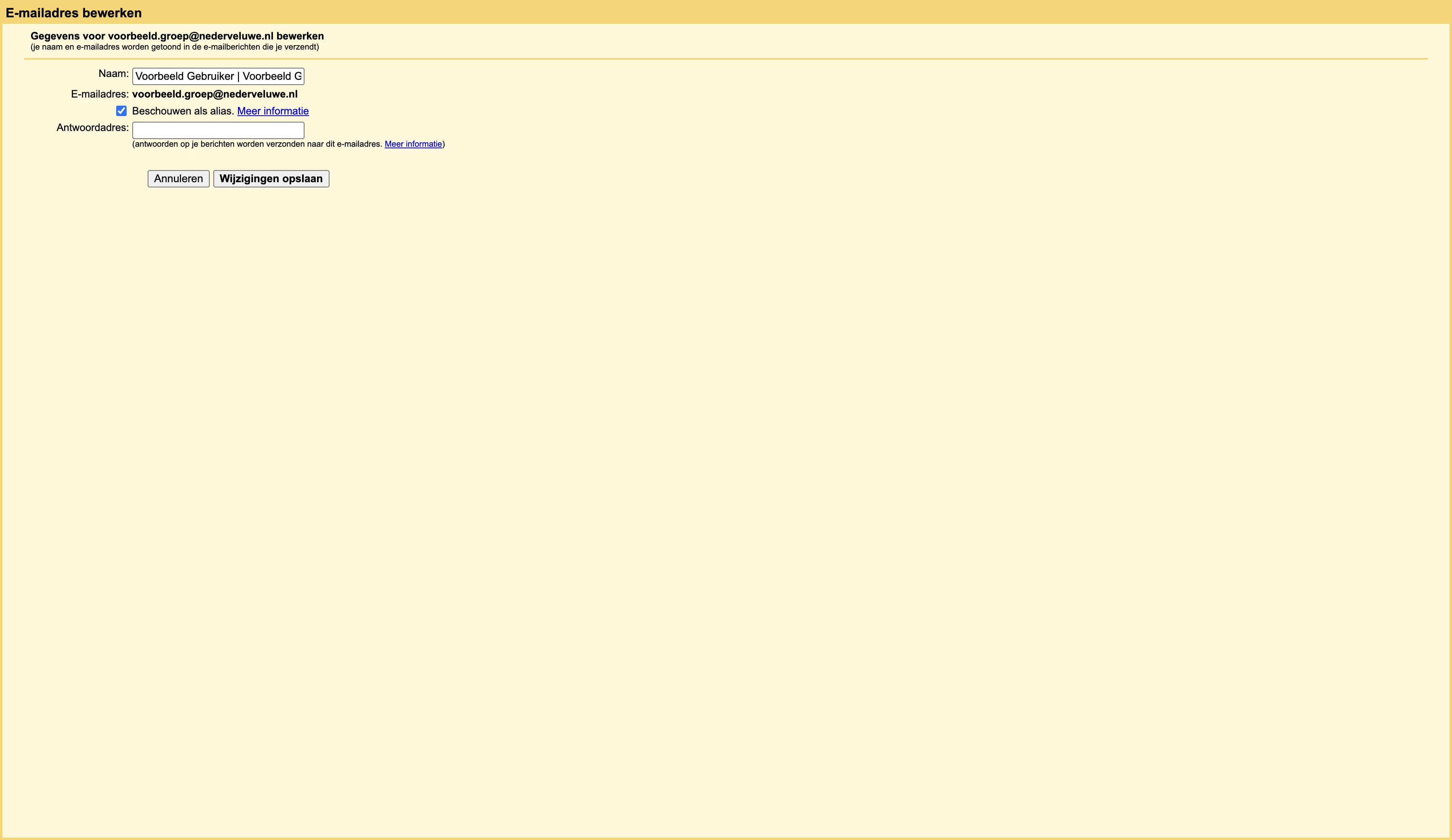 Screenshot showing Om het andere antwoordadres weer te verwijderen haal je het e-mailadres uit dat vakje en sla je de gegevens op (alle mails die je hierna stuurt vanuit dit e-mailadres hebben geen apart antwoordadres en reacties daarop komen dus gewoon op de groep e-mail binnen)