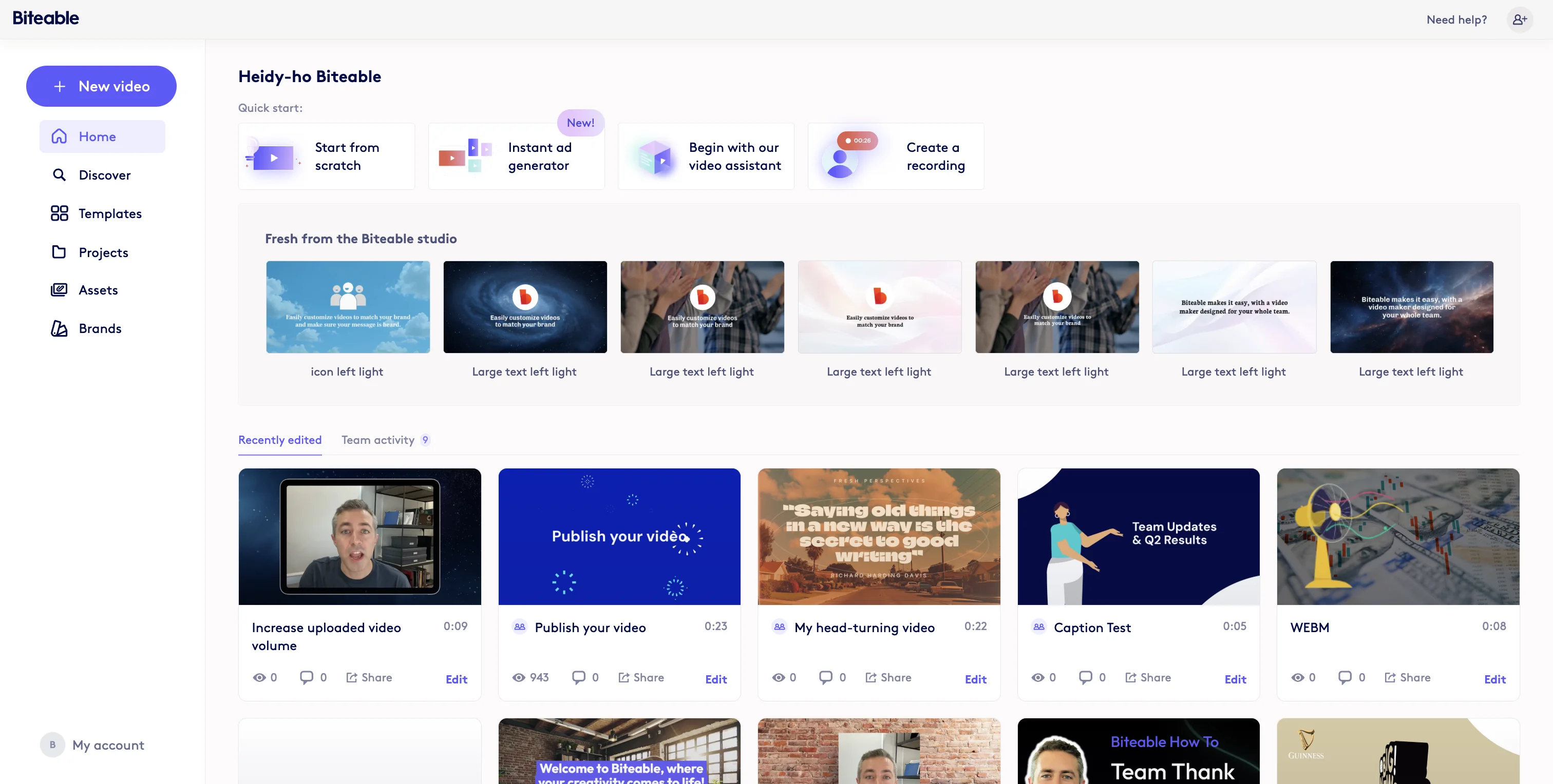 Screenshot showing Go to your Home dashboard in Biteable (https://app.biteable.com/client/home)