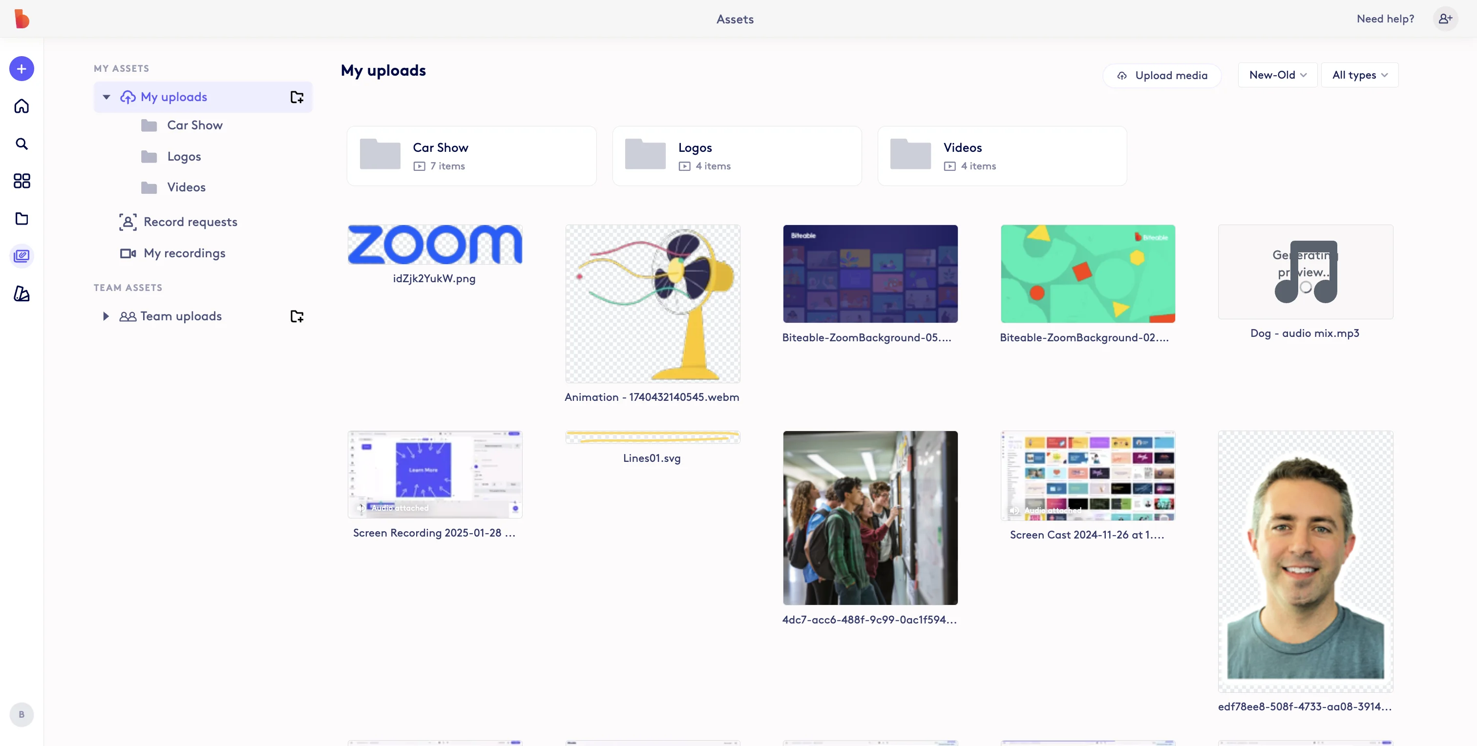 Screenshot showing In your asset library you can view all of your uploaded Personal and Team assets