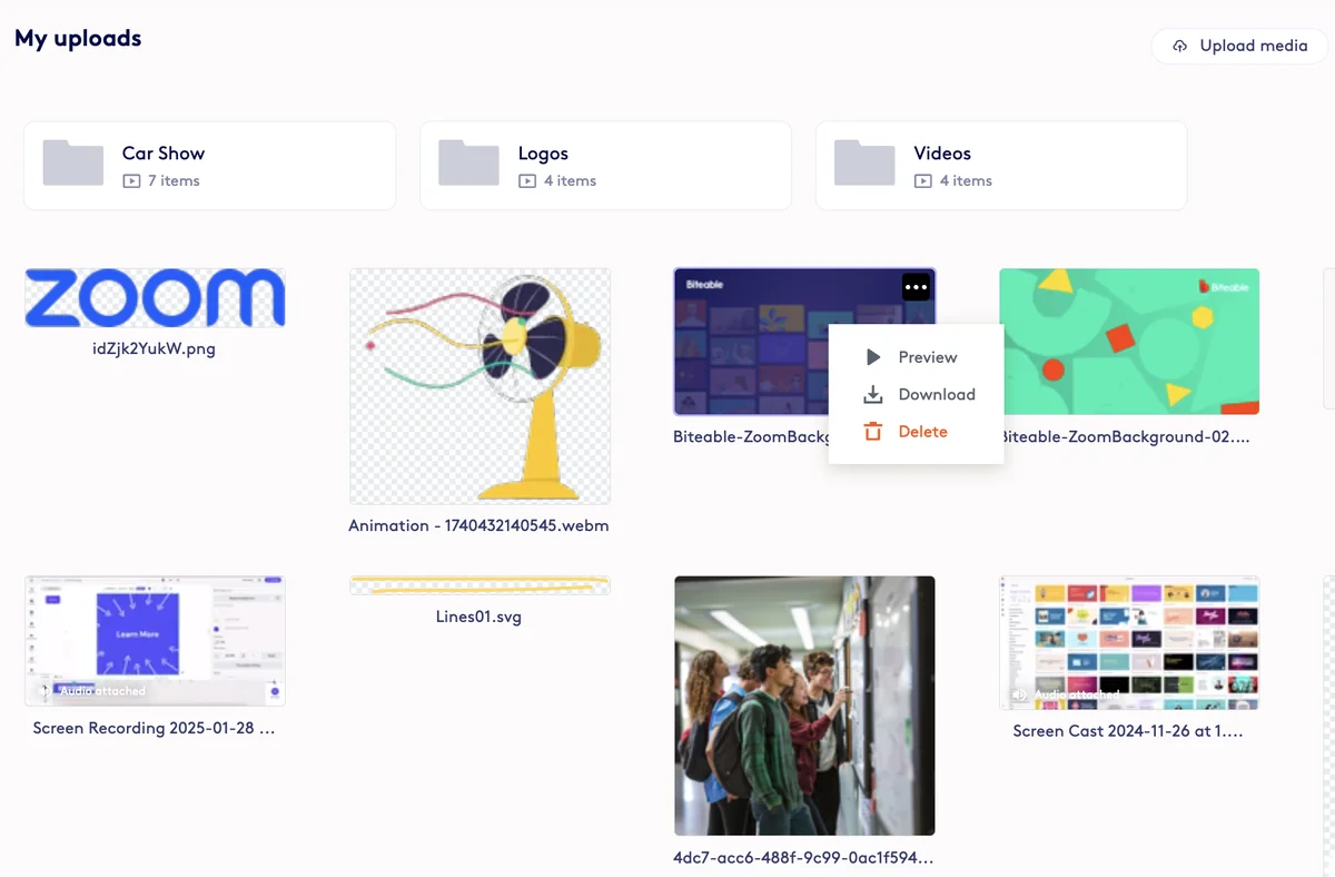 Screenshot showing Hover over any thumbnails and click the ... menu on the top right to delete any uploaded assets.Image step