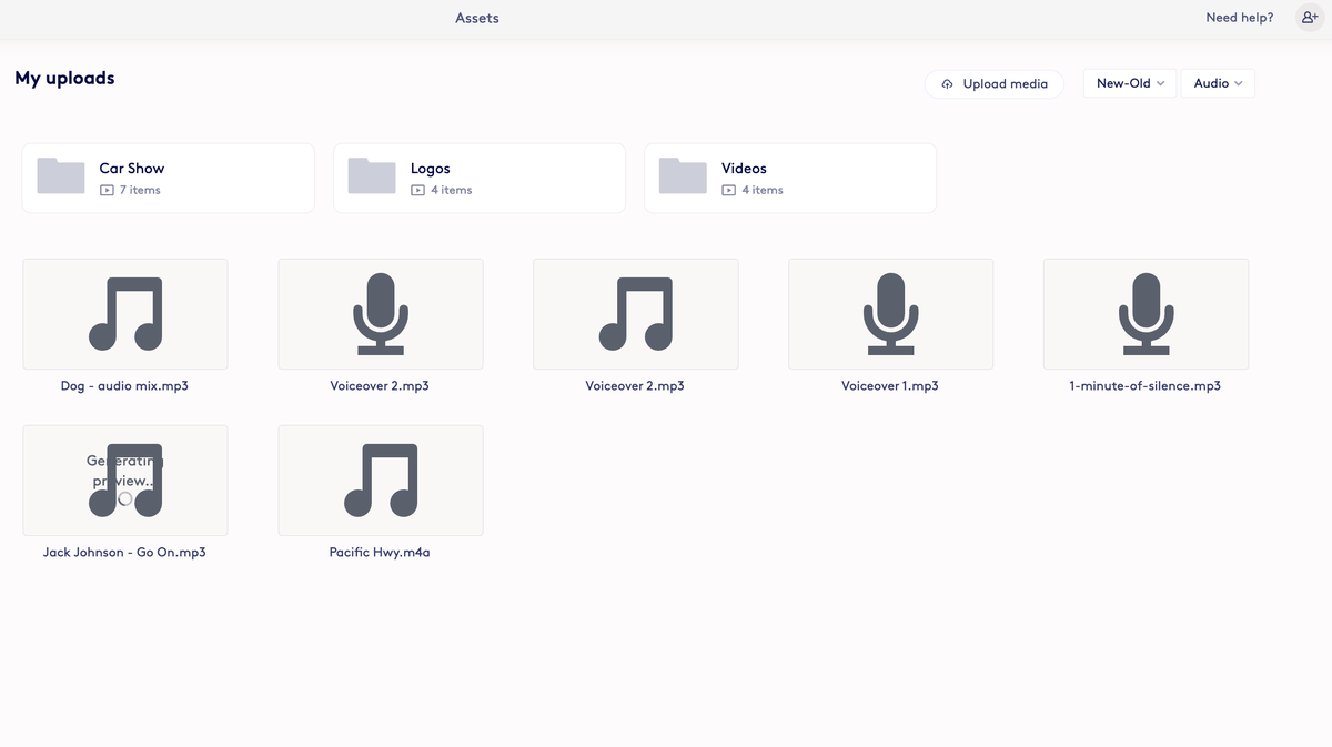Screenshot showing You can filter uploaded assets by media type to specifically find things like Audio uploads