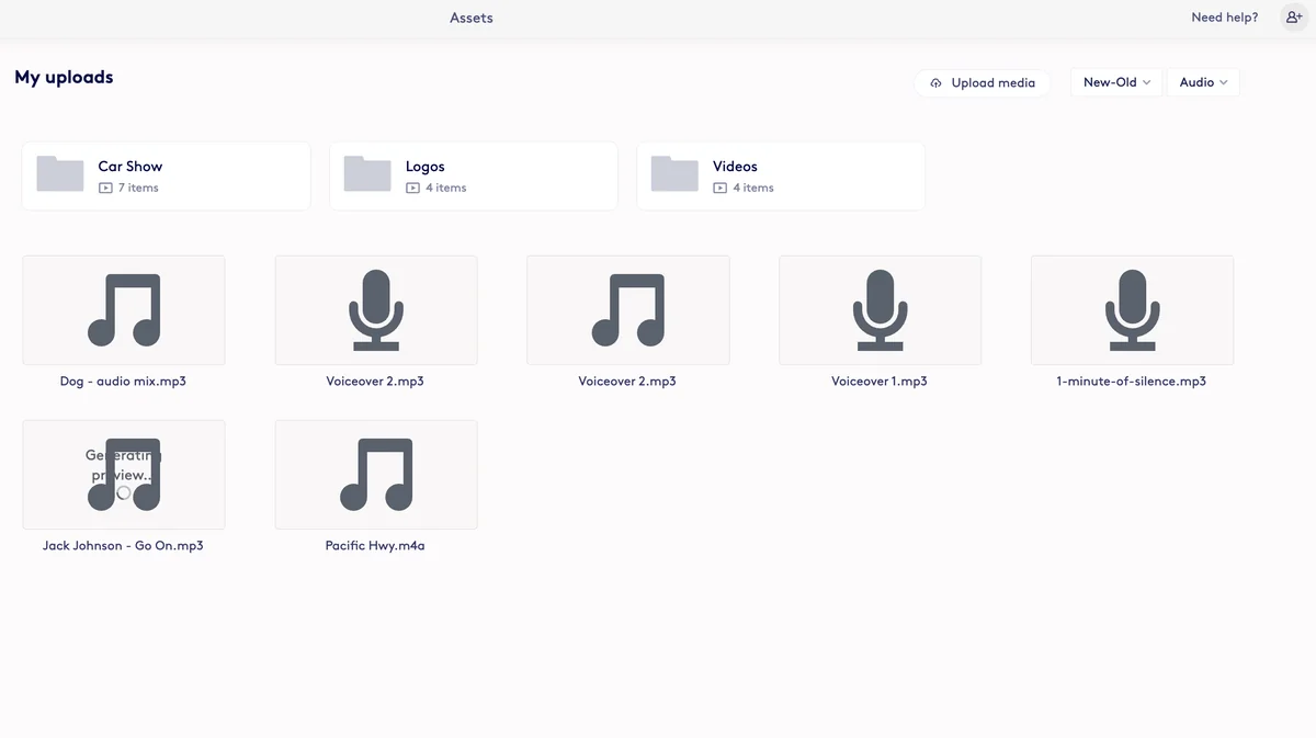Screenshot showing You can filter uploaded assets by media type to specifically find things like Audio uploads