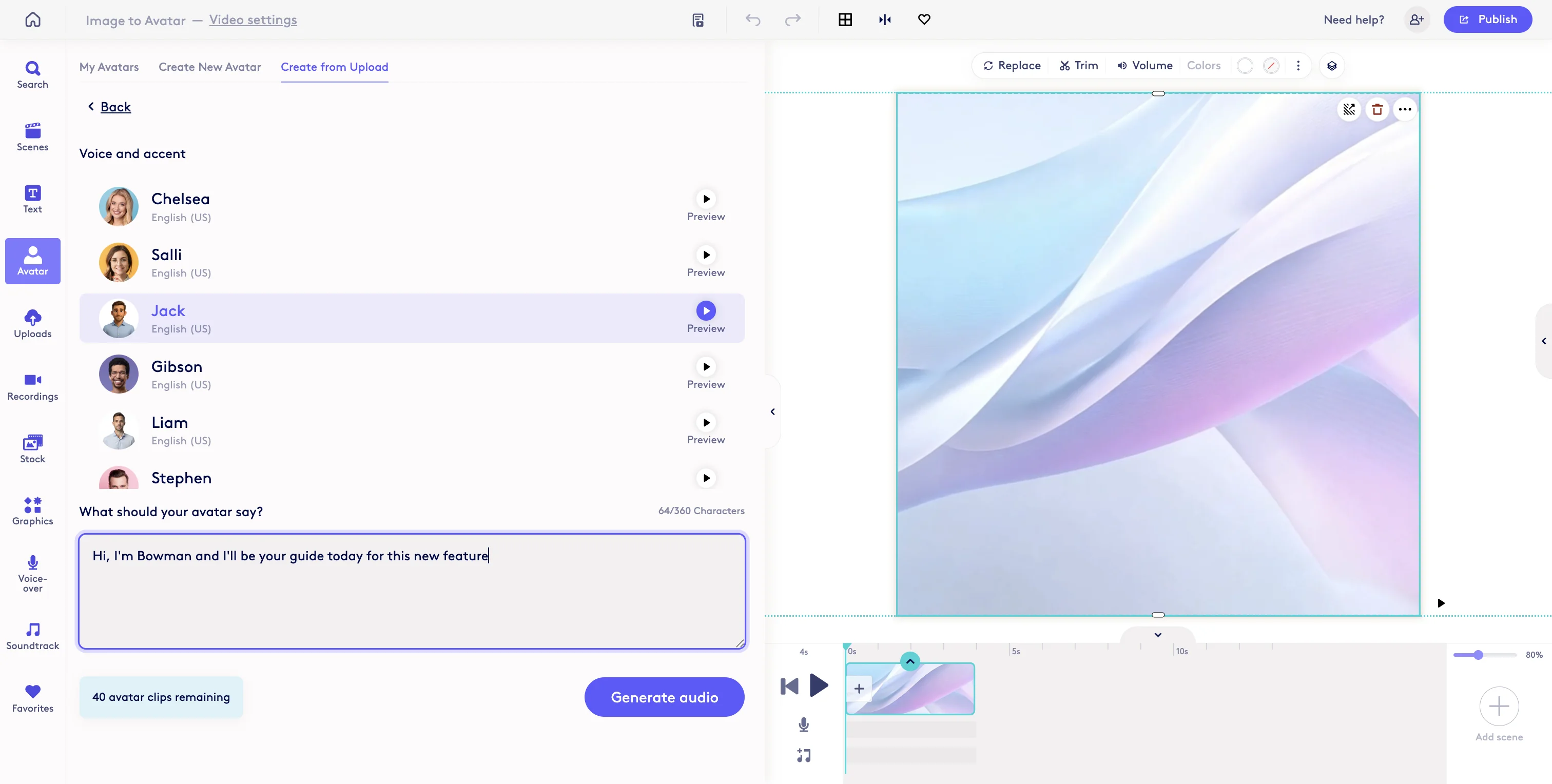 Screenshot showing Select the voice you would like to use and enter the text to Generate a voice for the avatar.