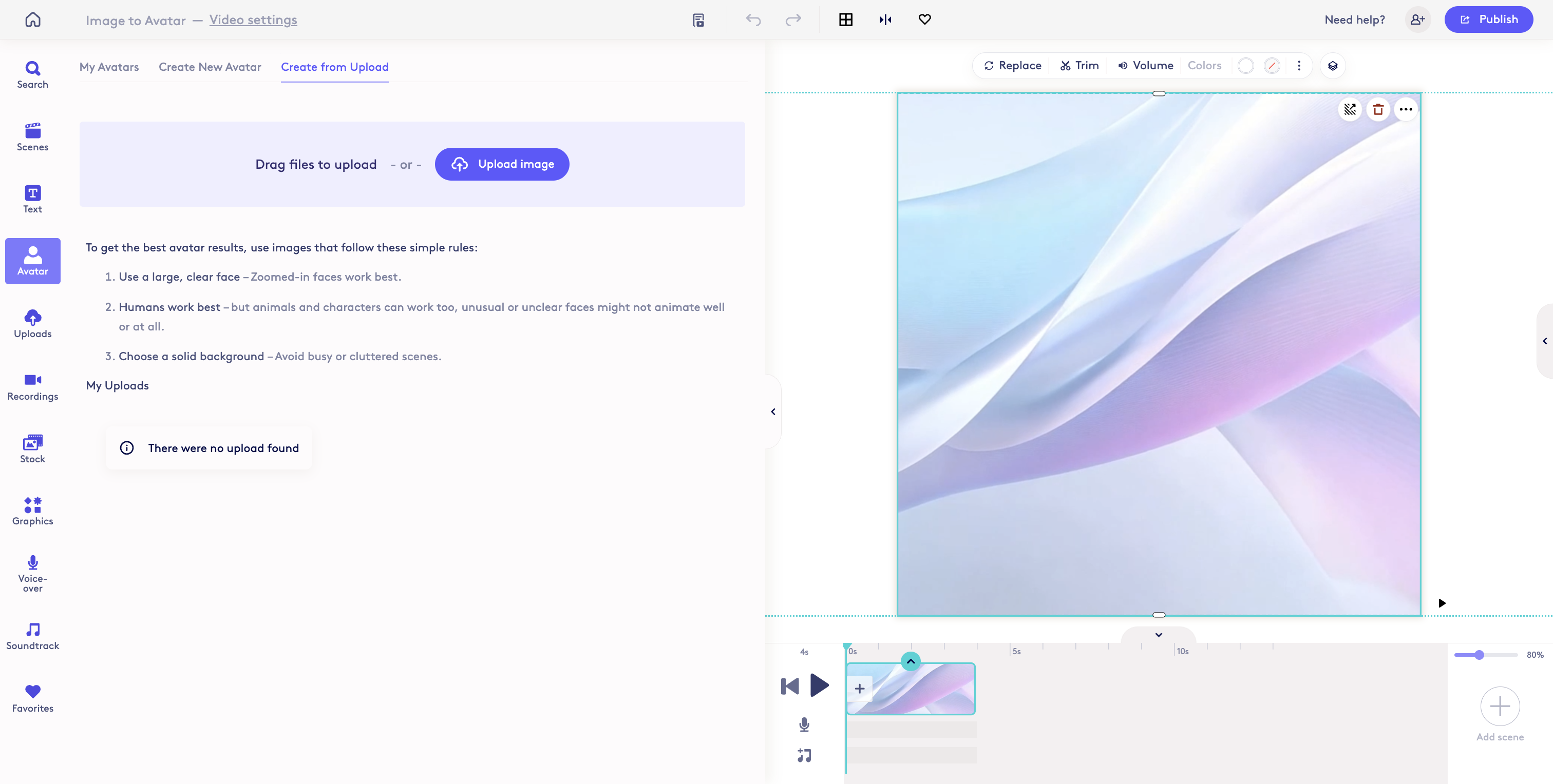 Screenshot showing Click Create From Upload in the avatar options.