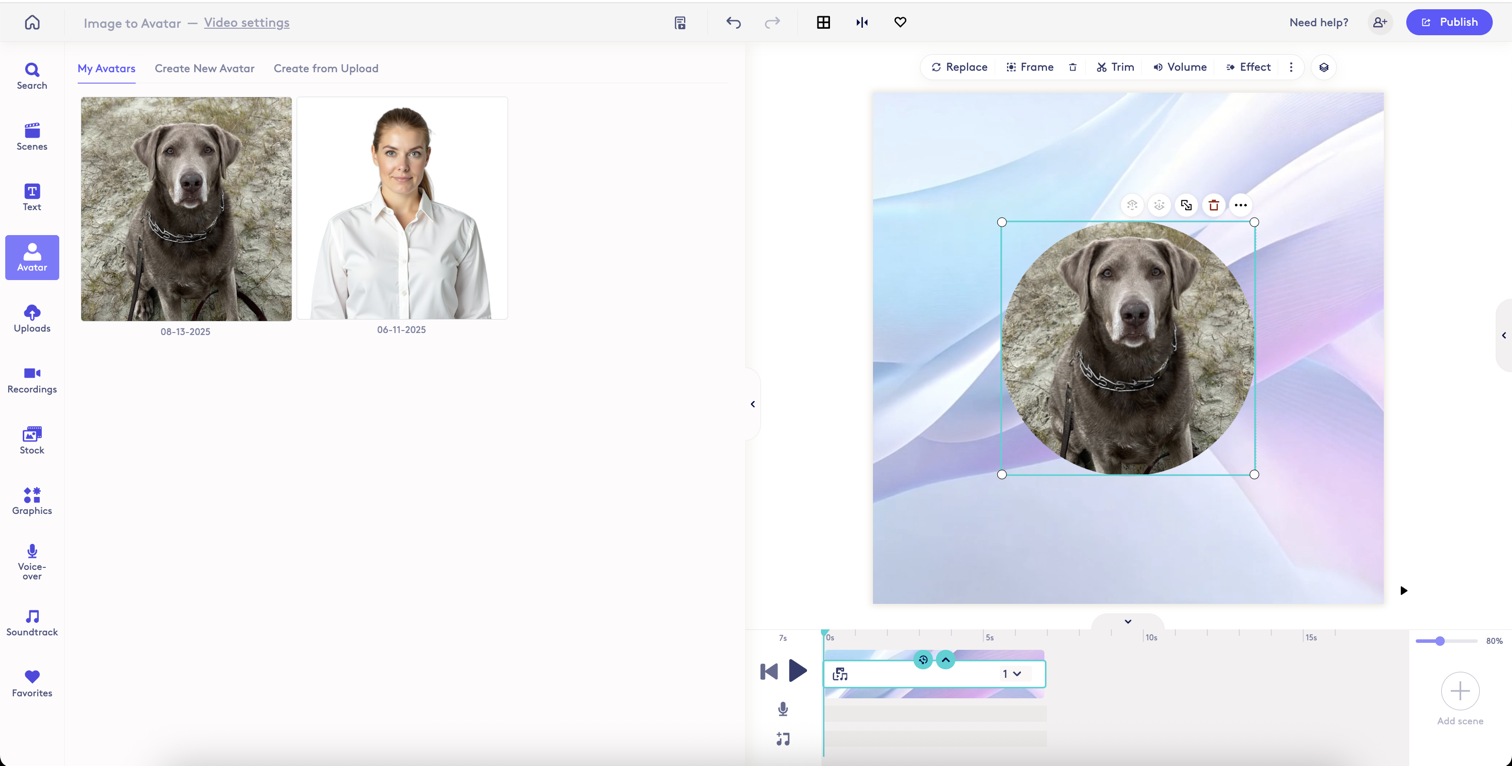 Screenshot showing When the avatar is complete, select it from My Avatars to add it to your project.