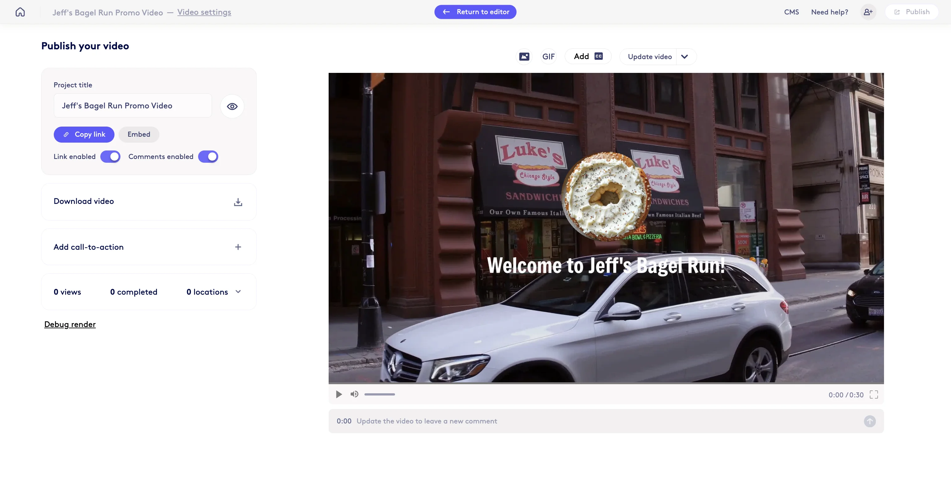 Screenshot showing Go to the Publish page for your video.