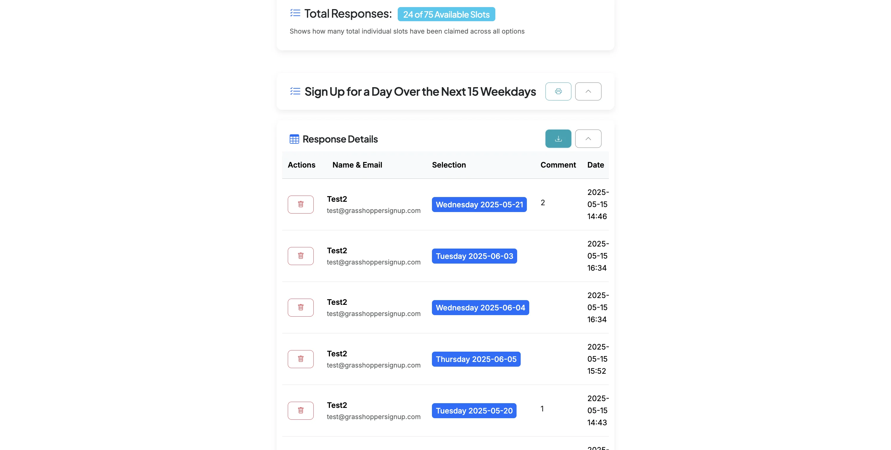 Screenshot showing Click the download button to download a csv file that includes all response details.