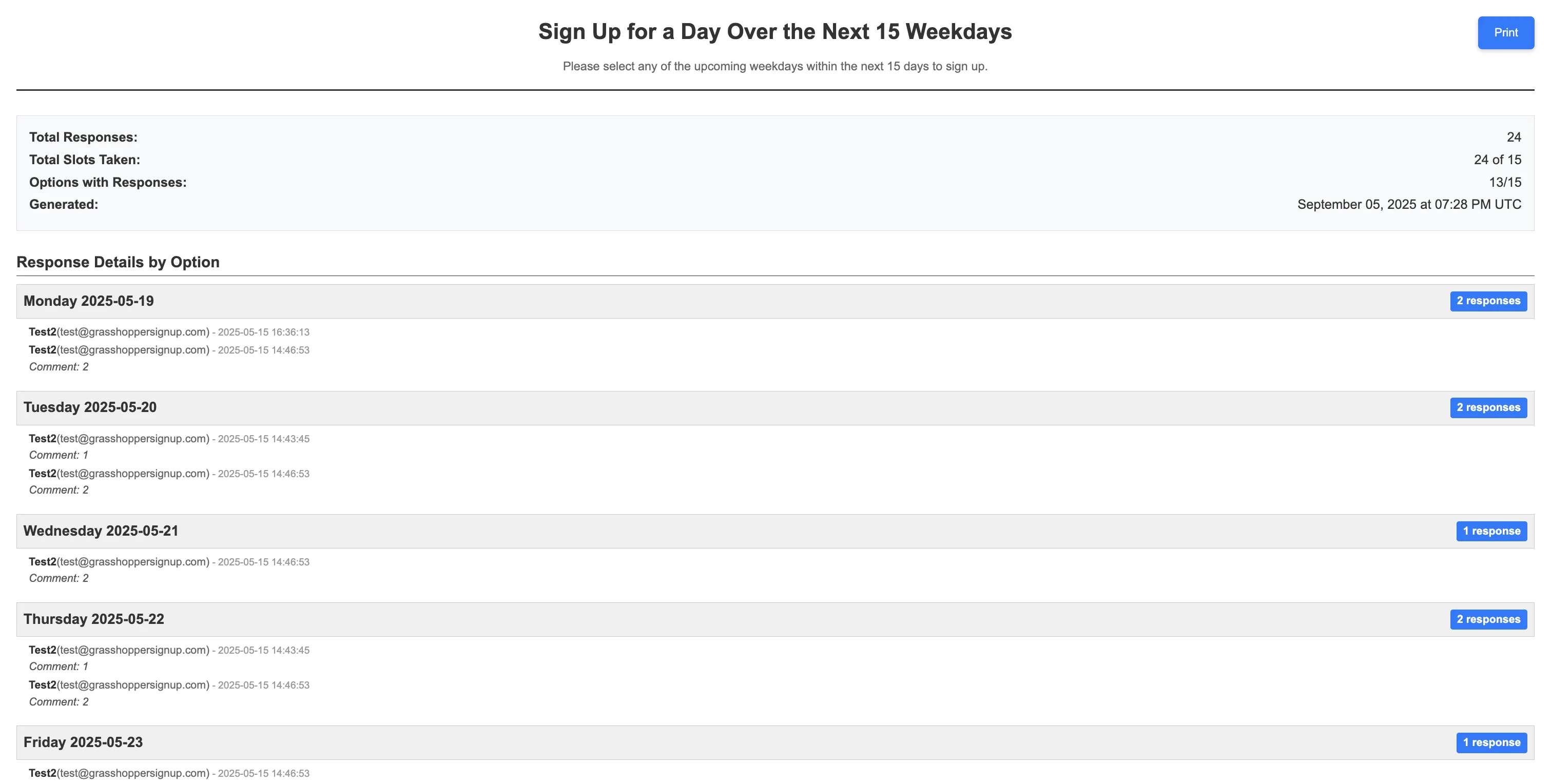 Screenshot showing Clicking print in the prior step will open a printer friendly response summary that you can print.