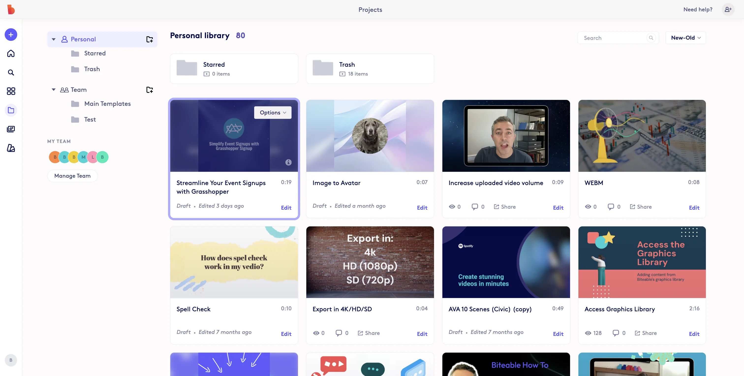 Screenshot showing From your Personal projects, select a project and mouse over the top right of the card and click options. You will see an option to Enable Shared Editing. Click this to enable shared editing - this also moves your project from Personal to the Team folder.