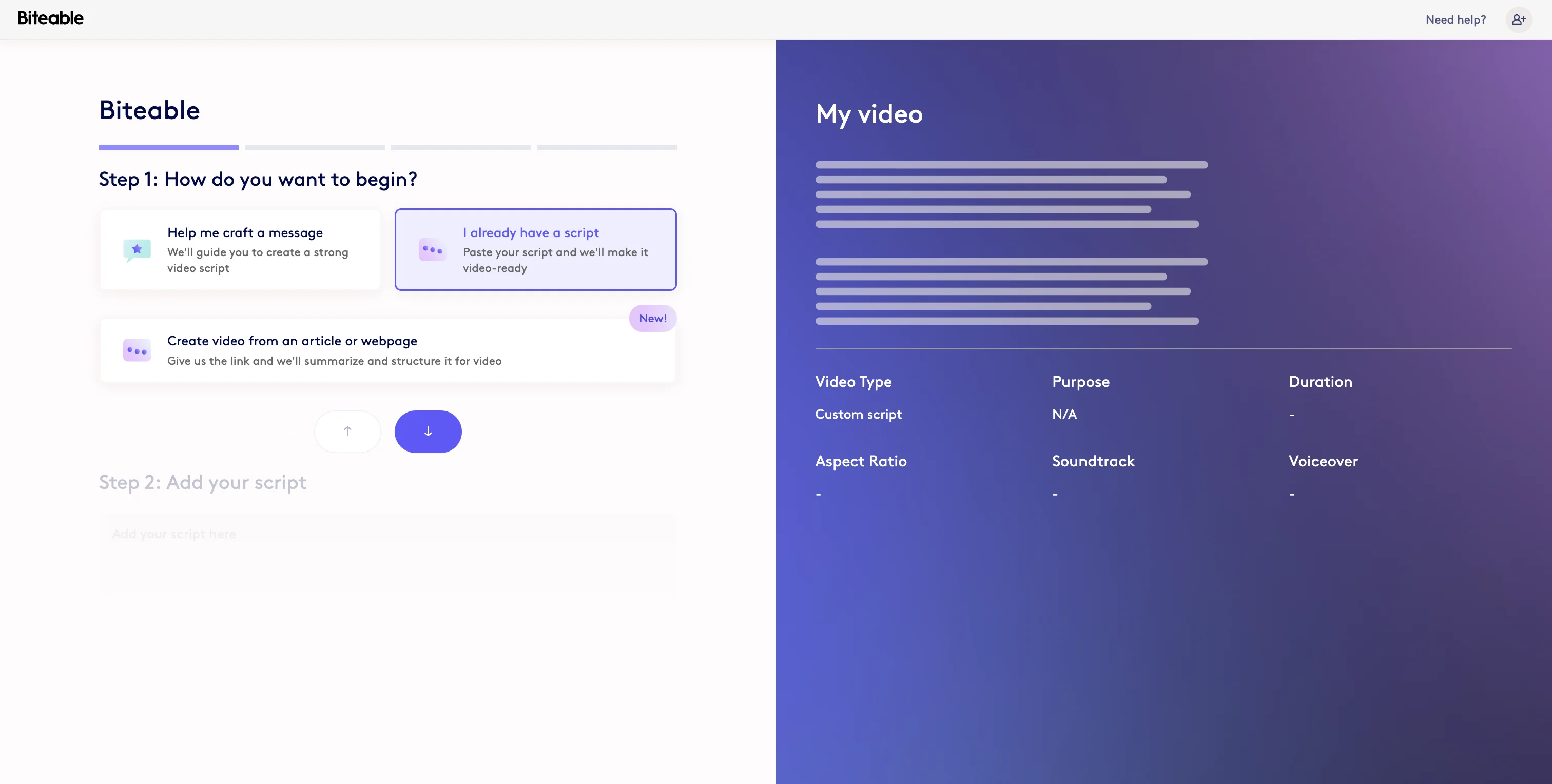 Screenshot showing If you have a script from ChatGPT or another source, you can select 'I already have a script' and paste in your script.