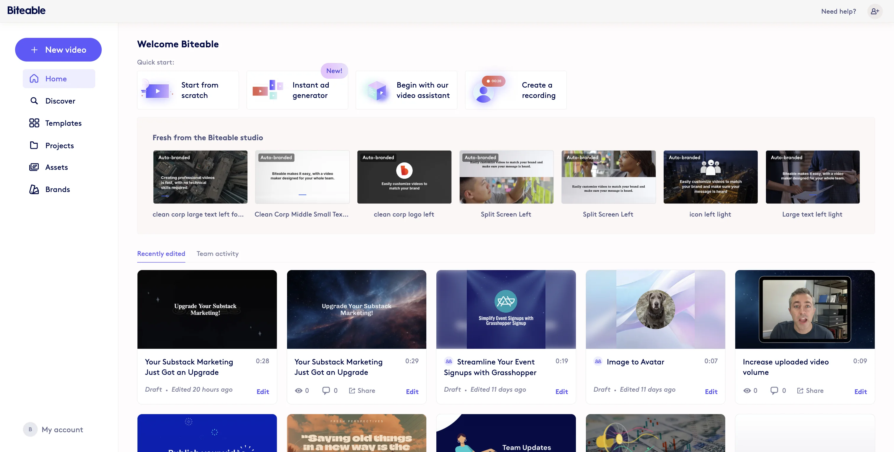 Screenshot showing Login to Biteable or create a free acccount. Start in your Home Dashboard and select "Begin with our video assistant".