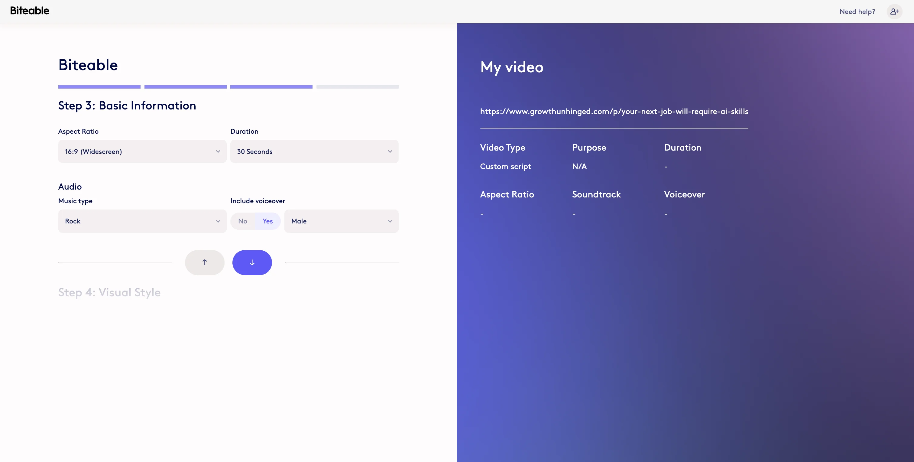 Screenshot showing Select basic information for the video (Aspect ratio, Duration, Music, Voiceover)