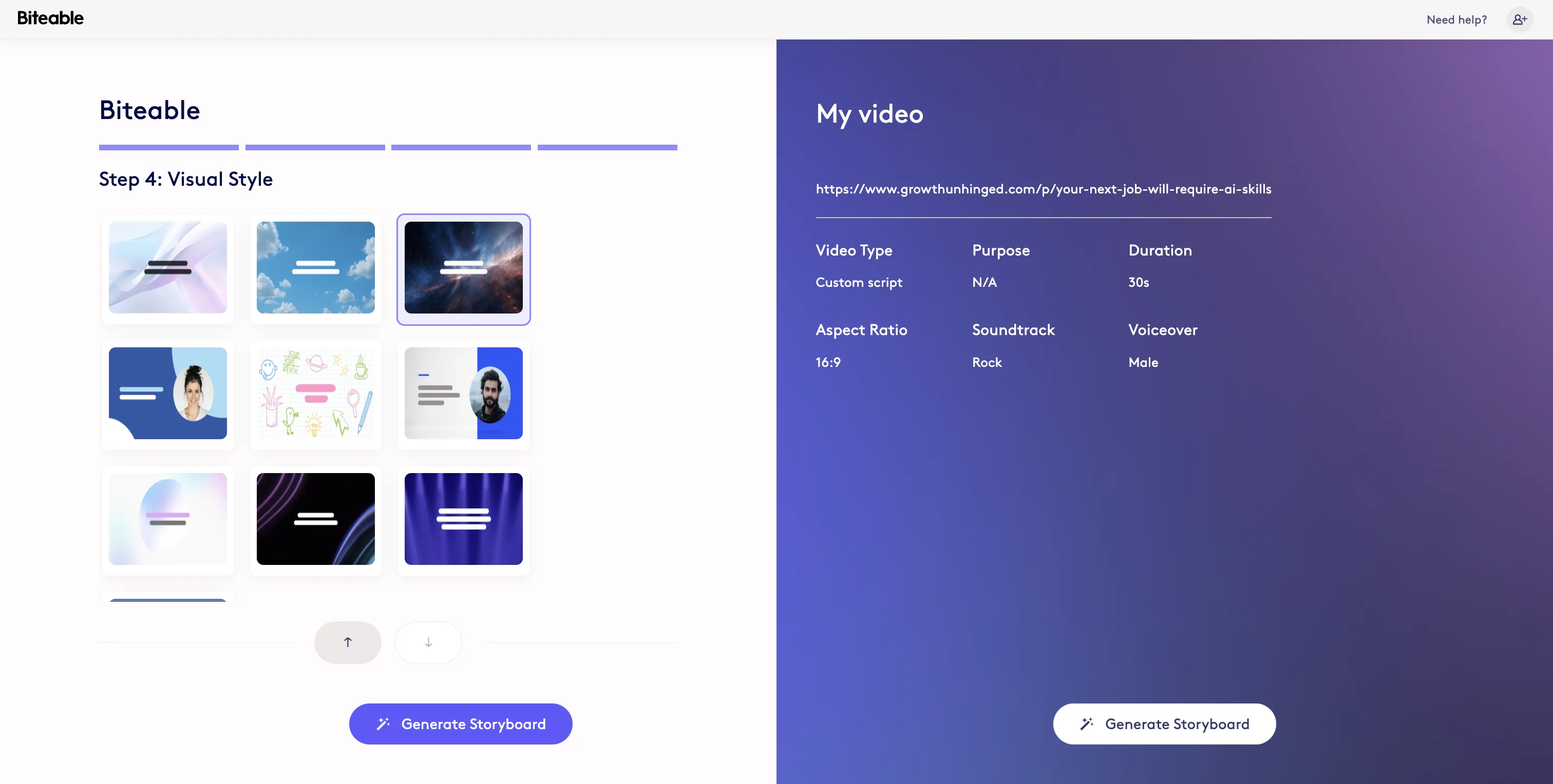 Screenshot showing Select a style and click 'Generate Storyboard'.