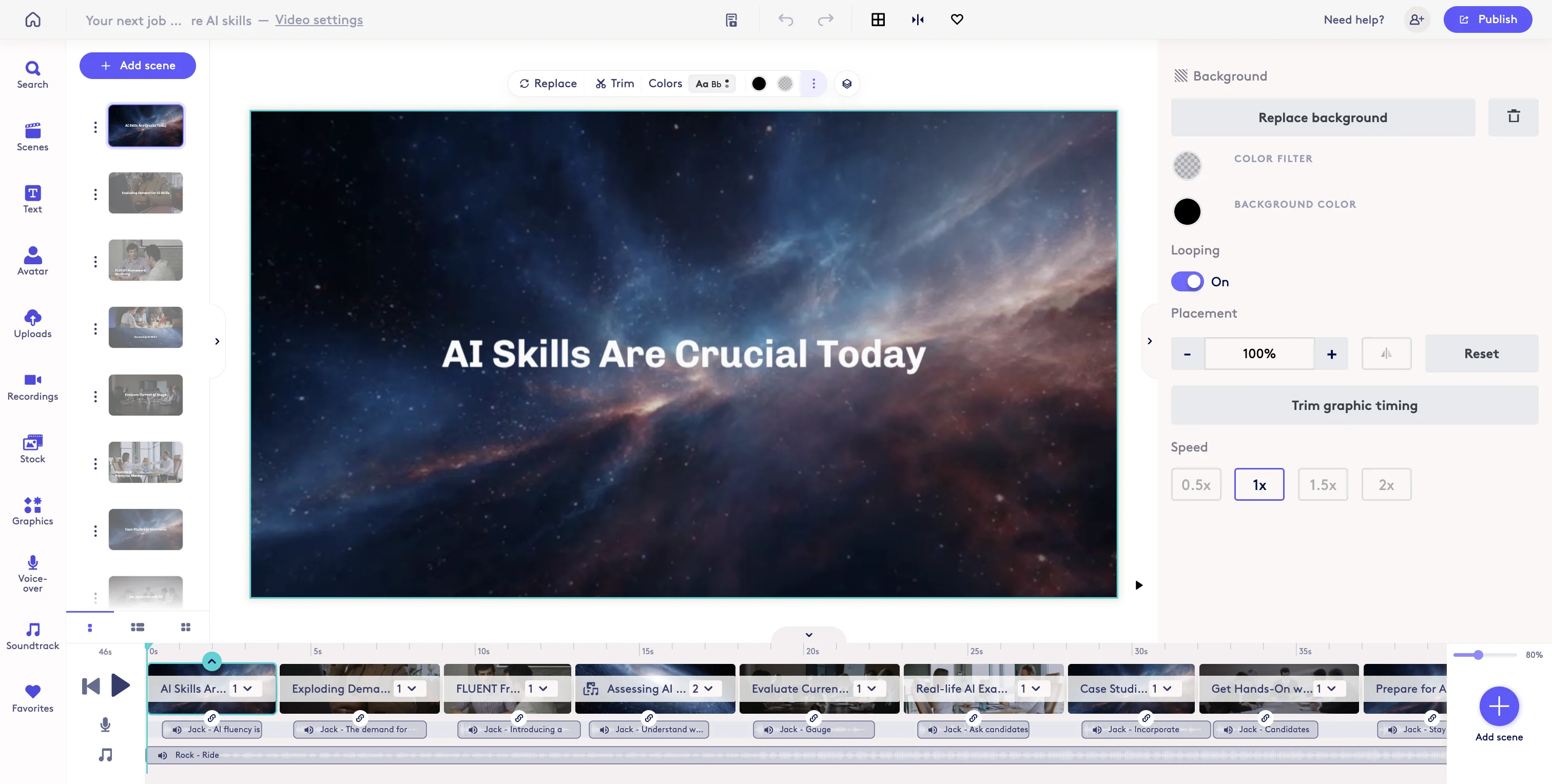 Screenshot showing You can also fine tune in the full video editor. When you are ready, click Publish to create an mp4 of your video to share on social media to promote your Substack post.