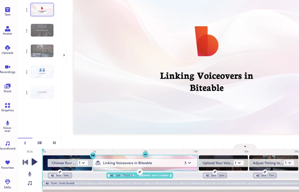 Screenshot showing In your project, select a voiceover. If the voiceover has a link icon on the top, it is connected/pinned to the scene.