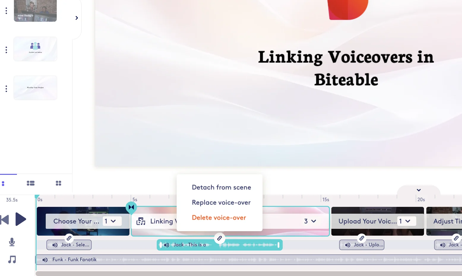 Screenshot showing Click on the link icon to view options for the voiceover. To unpin/unlink the voiceover from the scene, select 'Detach from scene' (Copy)