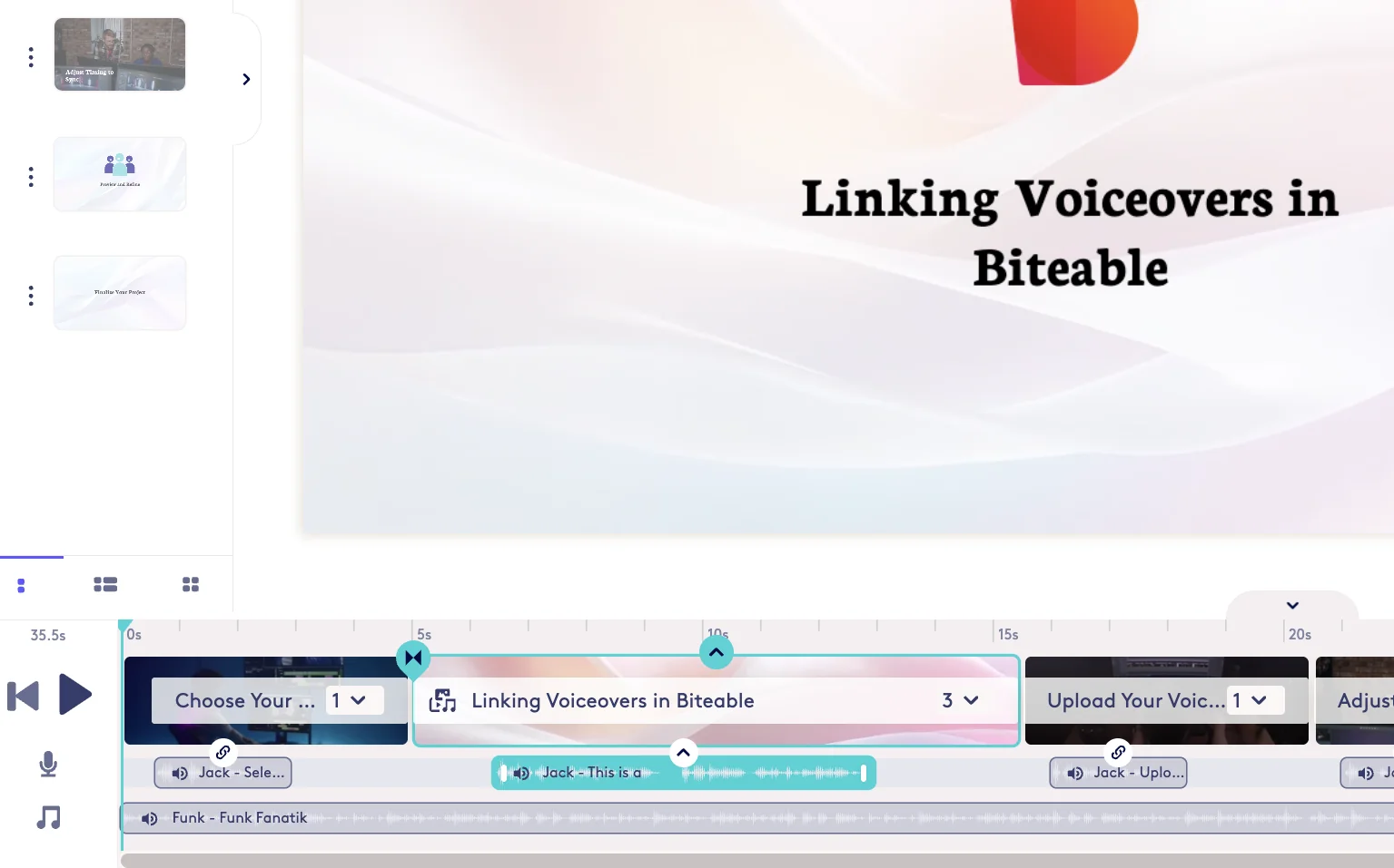 Screenshot showing After a voiceover is detached / unlinked it can be dragged and moved anywhere on the timeline and the icon will show an arrow instead of a link.