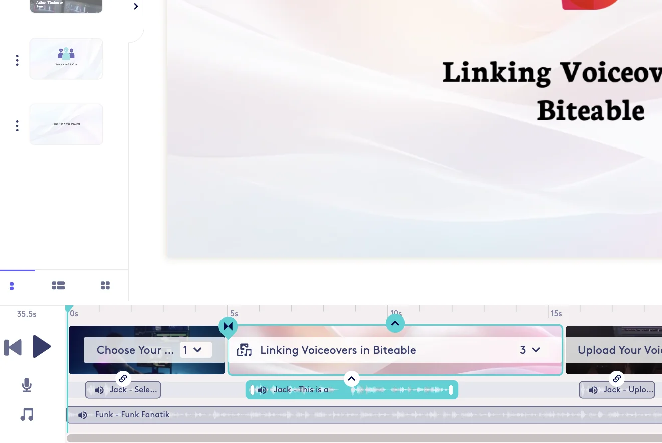 Screenshot showing To link / attach a voiceover to a scene, select the voiceover and drag it on top of the scene. This will automatically link / pin the voiceover to that scene.