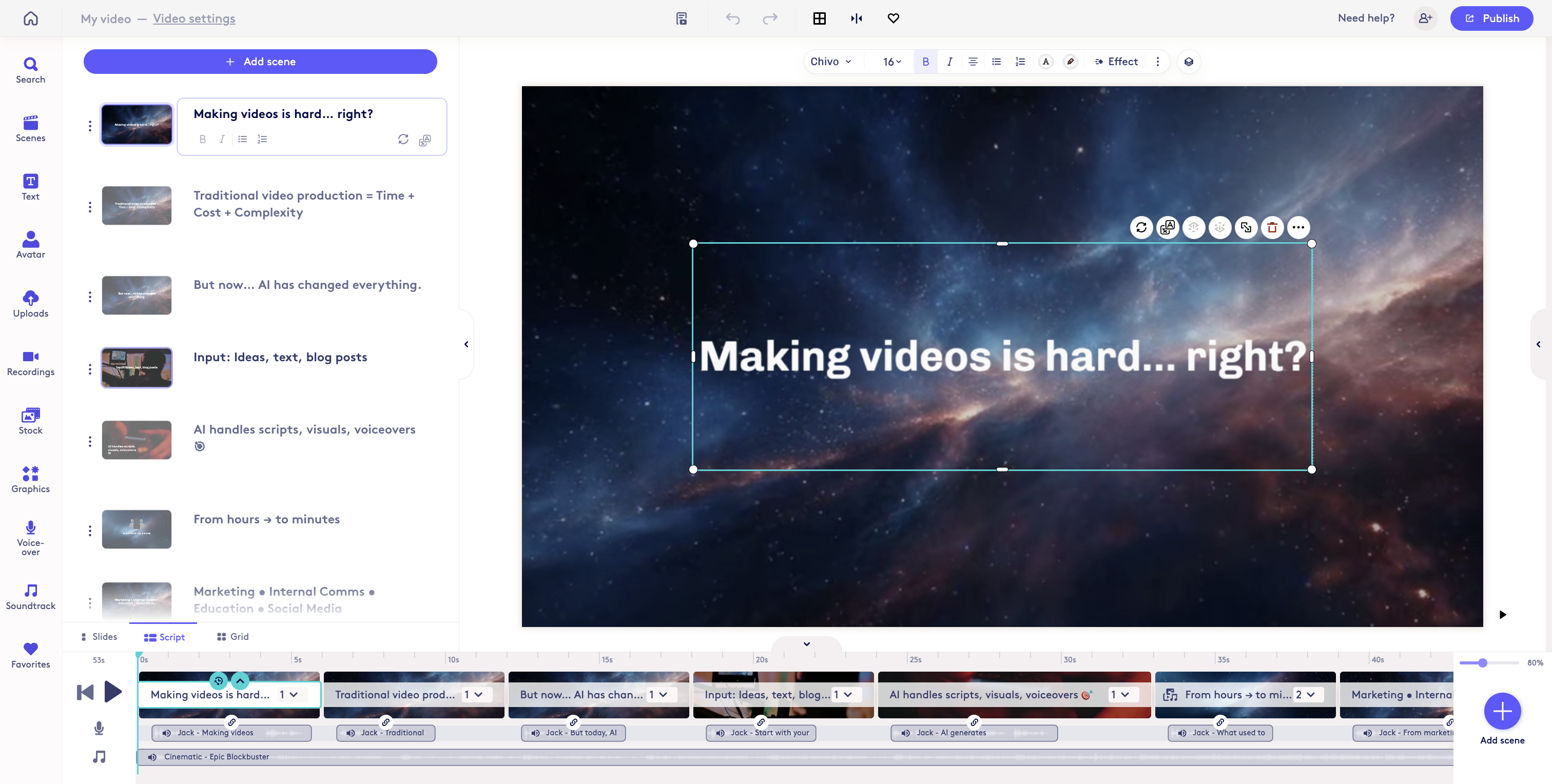 Screenshot showing In the editor you can make any changes you need to the video. Click 'Publish' when you are finished to generate the shareable version of your video project.