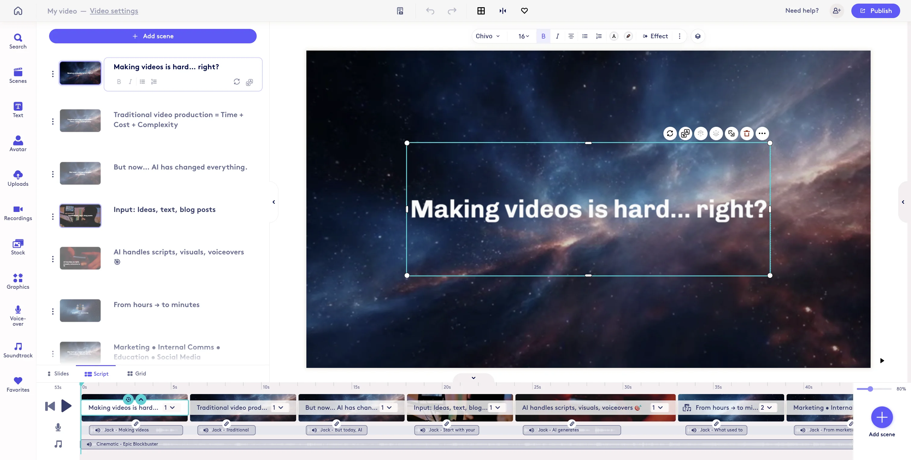 Screenshot showing In the editor you can make any changes you need to the video. Click 'Publish' when you are finished to generate the shareable version of your video project.