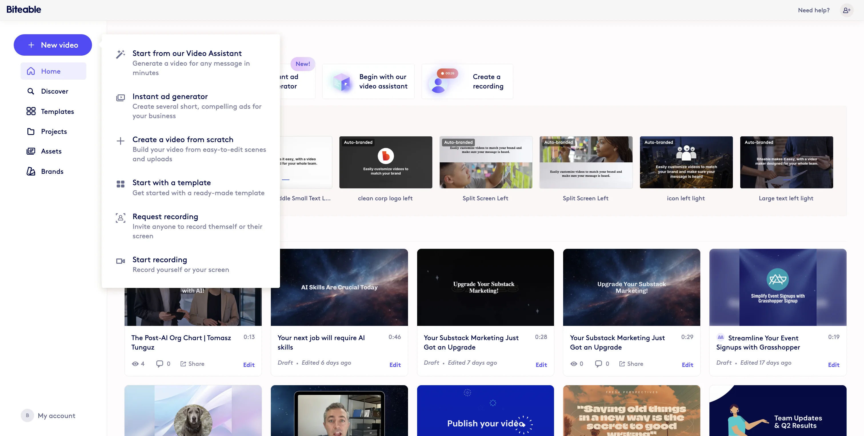 Screenshot showing Start in your Dashboard and select Start from Video Assistant.
