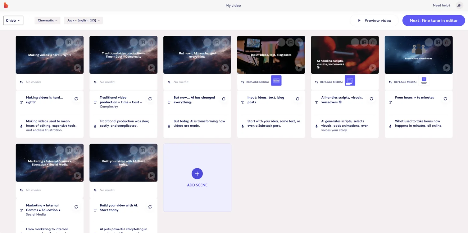 Screenshot showing When your storyboard is finished, you'll land be able to review and make adjustments to your video using the Storyboard view. Click "Next: Fine tune in editor" to make additional changes.