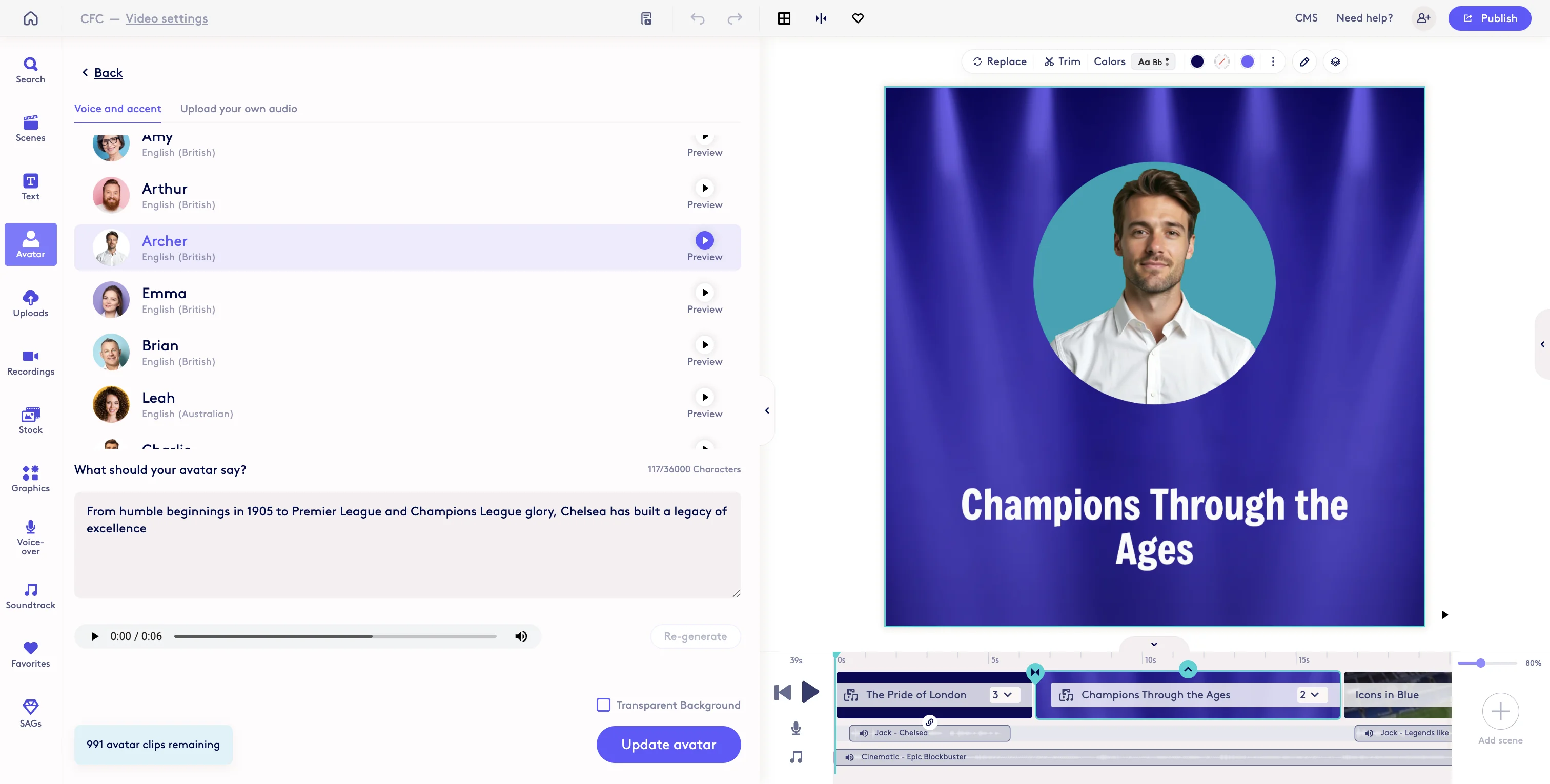 Screenshot showing Click 'Update avatar' to generate the updated avatar. NOTE: Updating an avatar will remove the old avatar from your avatar library (but will not impact any avatars added to your video). After you update your avatar you will need to add or replace it in your project.