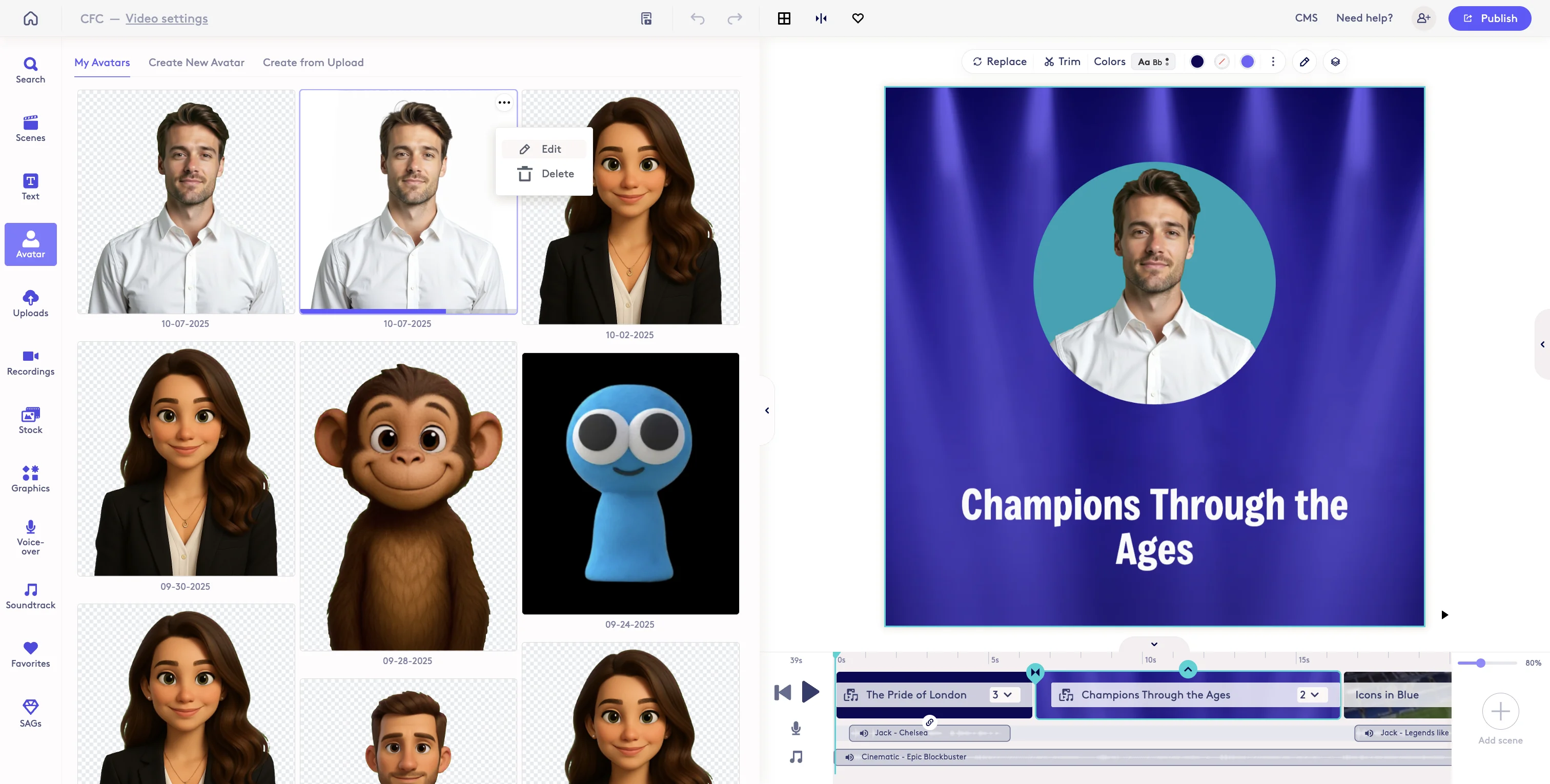 Screenshot showing Find the avatar you want to update, hover over the top right and you will see three dots that open a menu. Click 'Edit'.