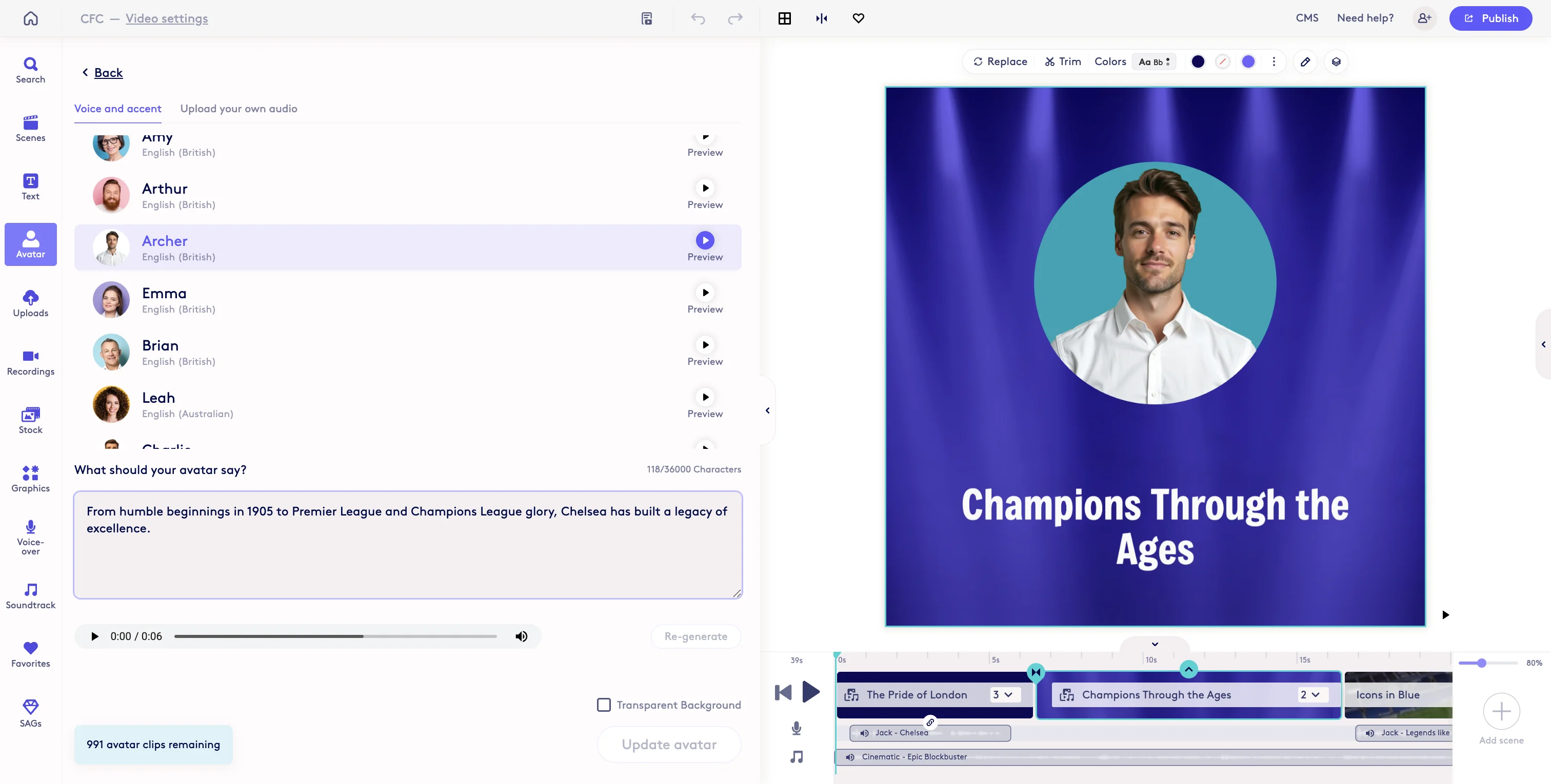 Screenshot showing Scroll to find the voice you want to use. The original voice used will be highlighted. This can help you identify which voice was used for avatars as well.