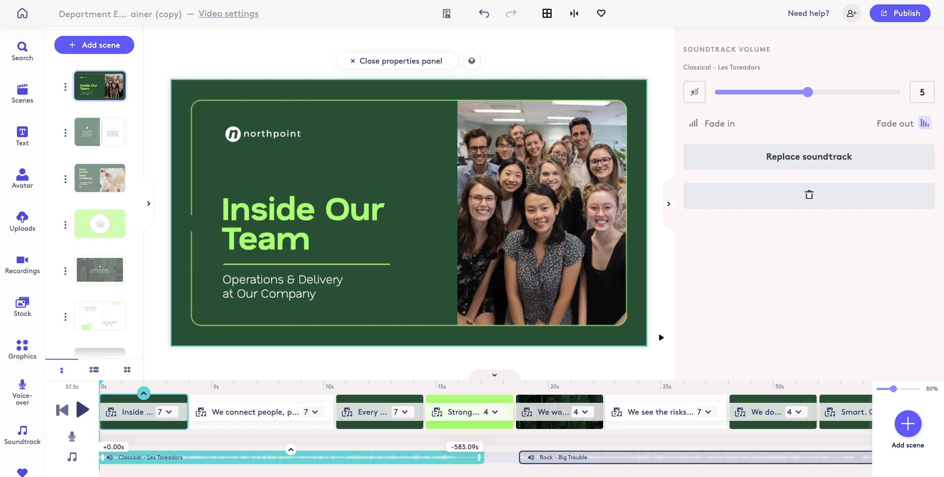 Screenshot showing You can adjust the beginning and end of where a track will play by selecting the track and adjusting the sliders. To move the entire track, you can select the track and drag it.