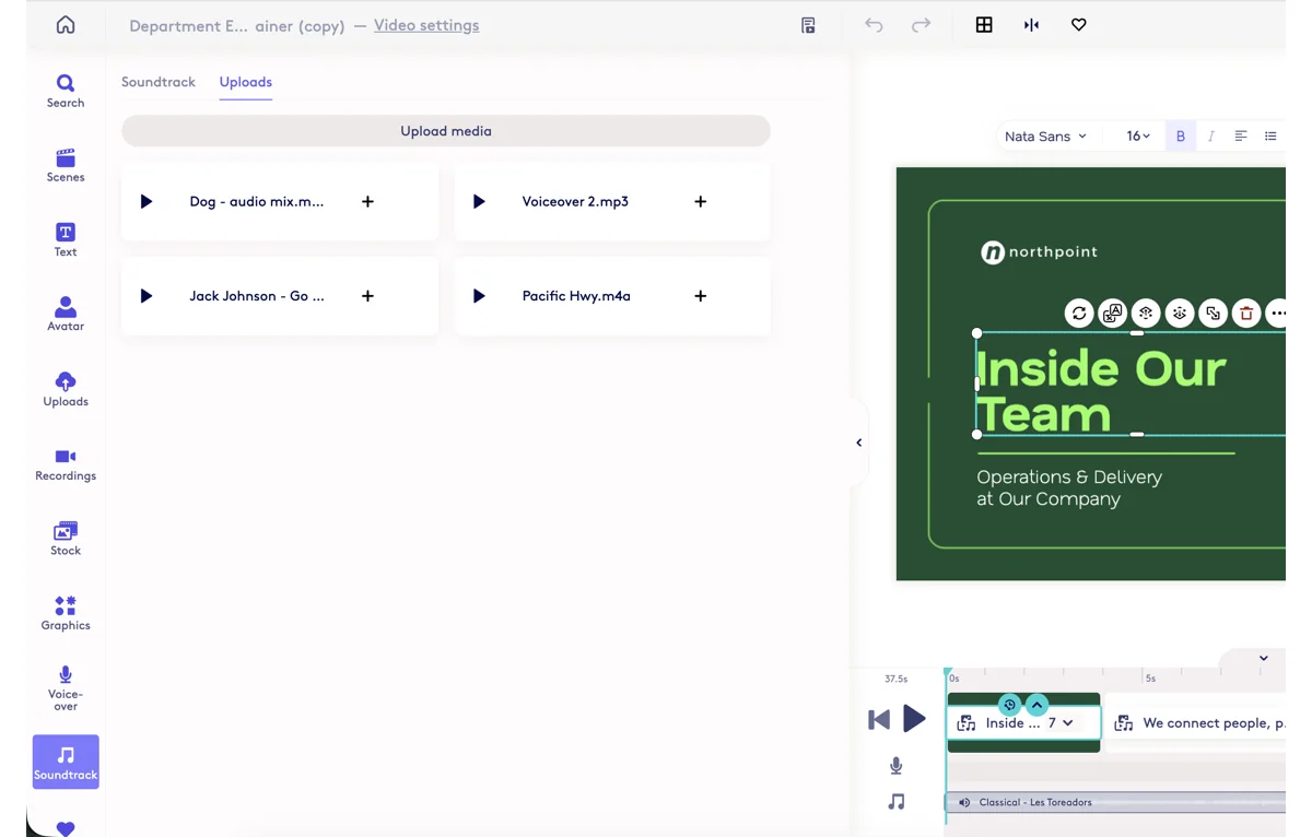 Screenshot showing To upload your own music tracks. Select the Uploads button when adding or replacing music.