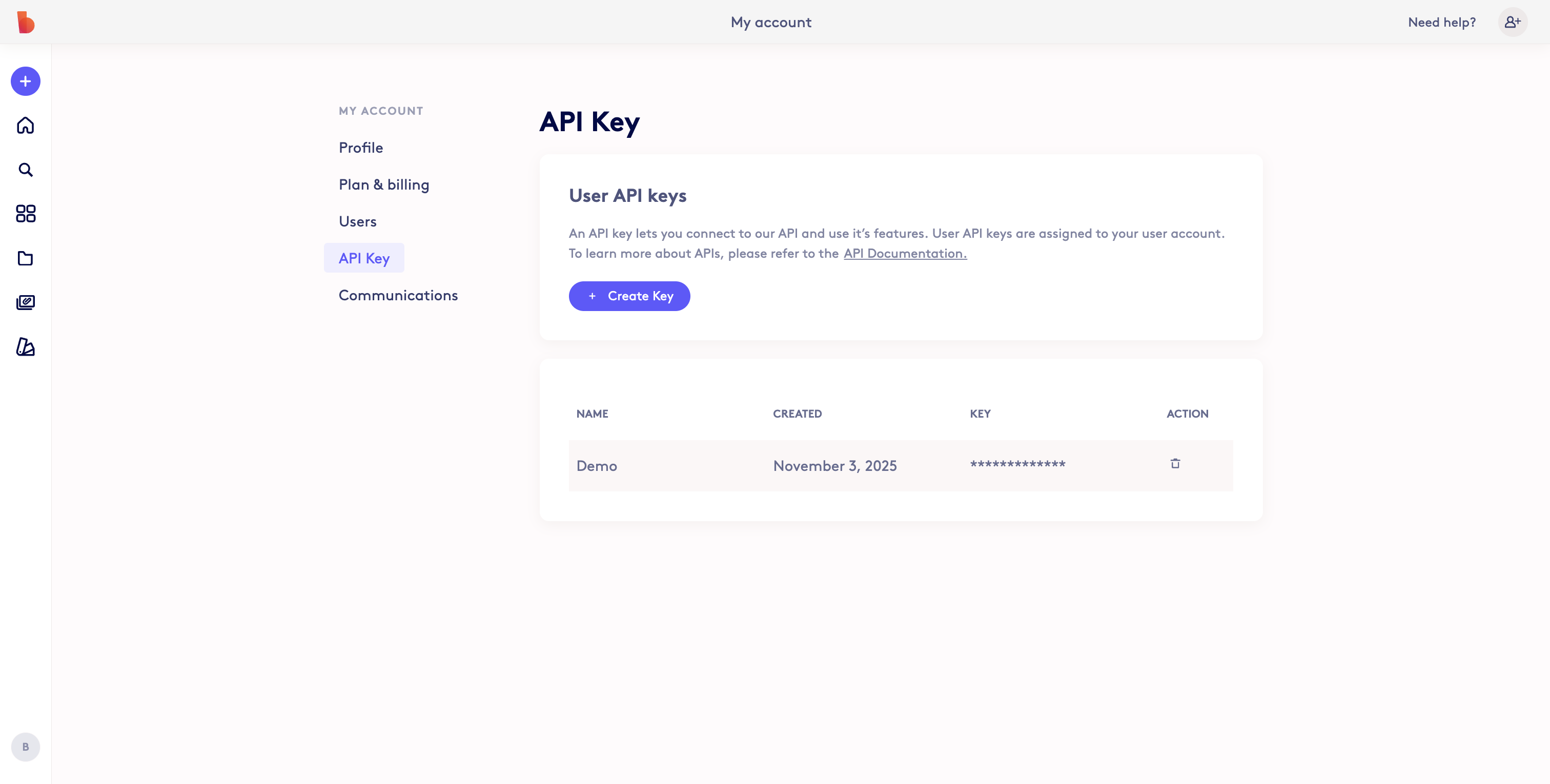Screenshot showing Click on 'Create Key' to generate a new API Key. View the 'API Documentation' to learn how to access the Biteable API.