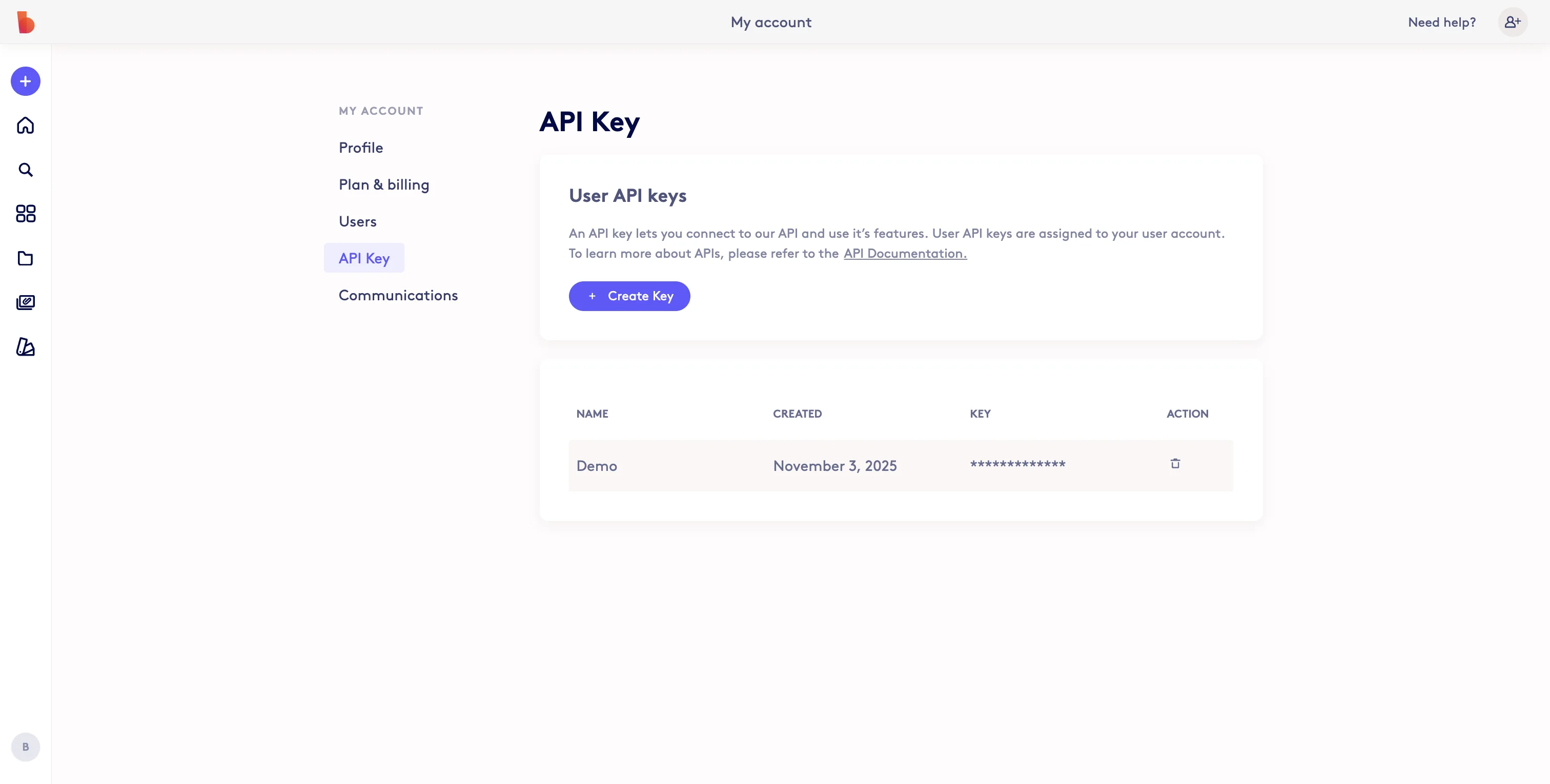 Screenshot showing Click on 'Create Key' to generate a new API Key. View the 'API Documentation' to learn how to access the Biteable API.