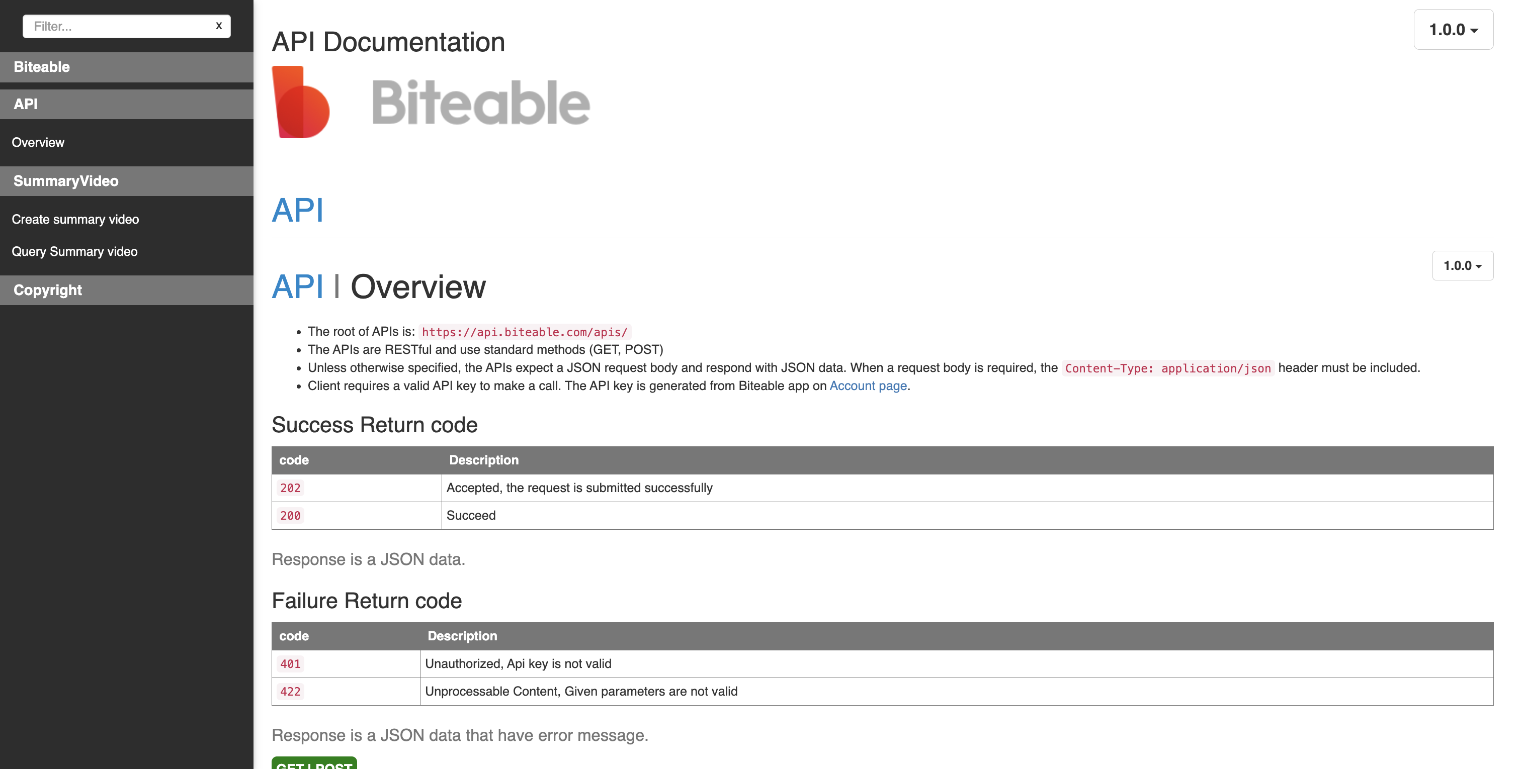 Screenshot showing API documentation includes information for submitting headers and the different video generation use cases we support. The API documentation can be accessed here: https://app.biteable.com/apidoc/