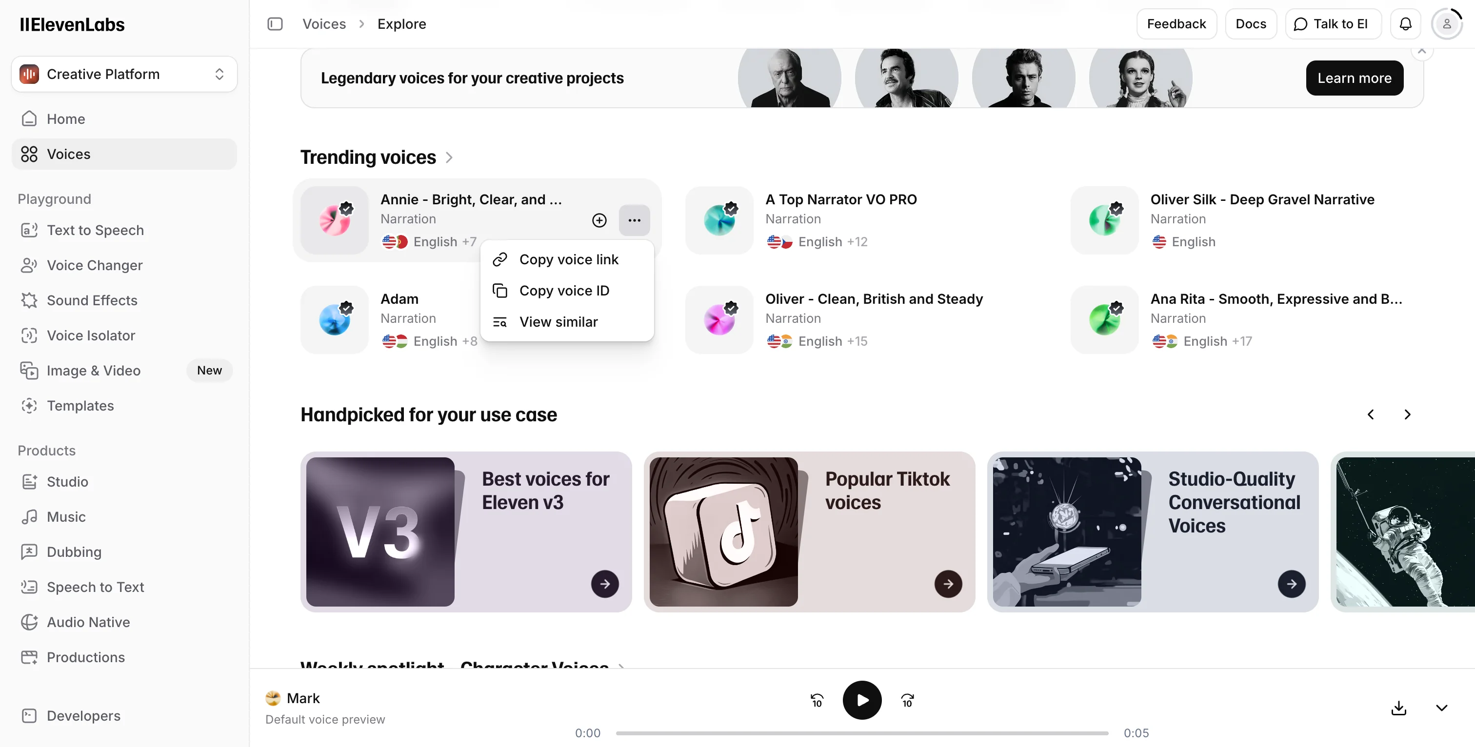 Screenshot showing When you pick any voice from ElevenLabs it provides a voice ID that users could copy and paste.