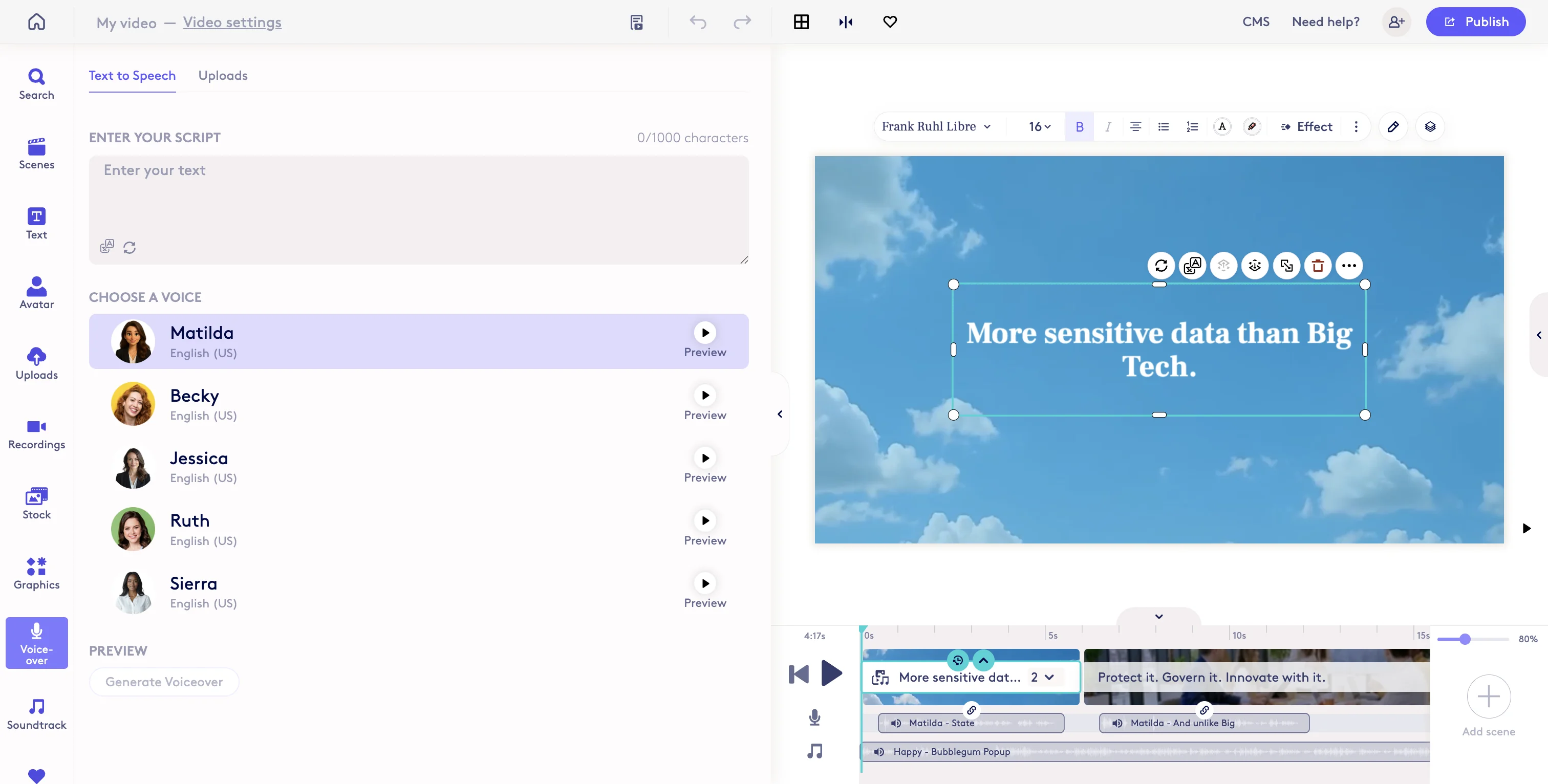 Screenshot showing You can add a VOICEOVER in the editor. Is the top nav next to 'Uploads' a good spot to add an option?