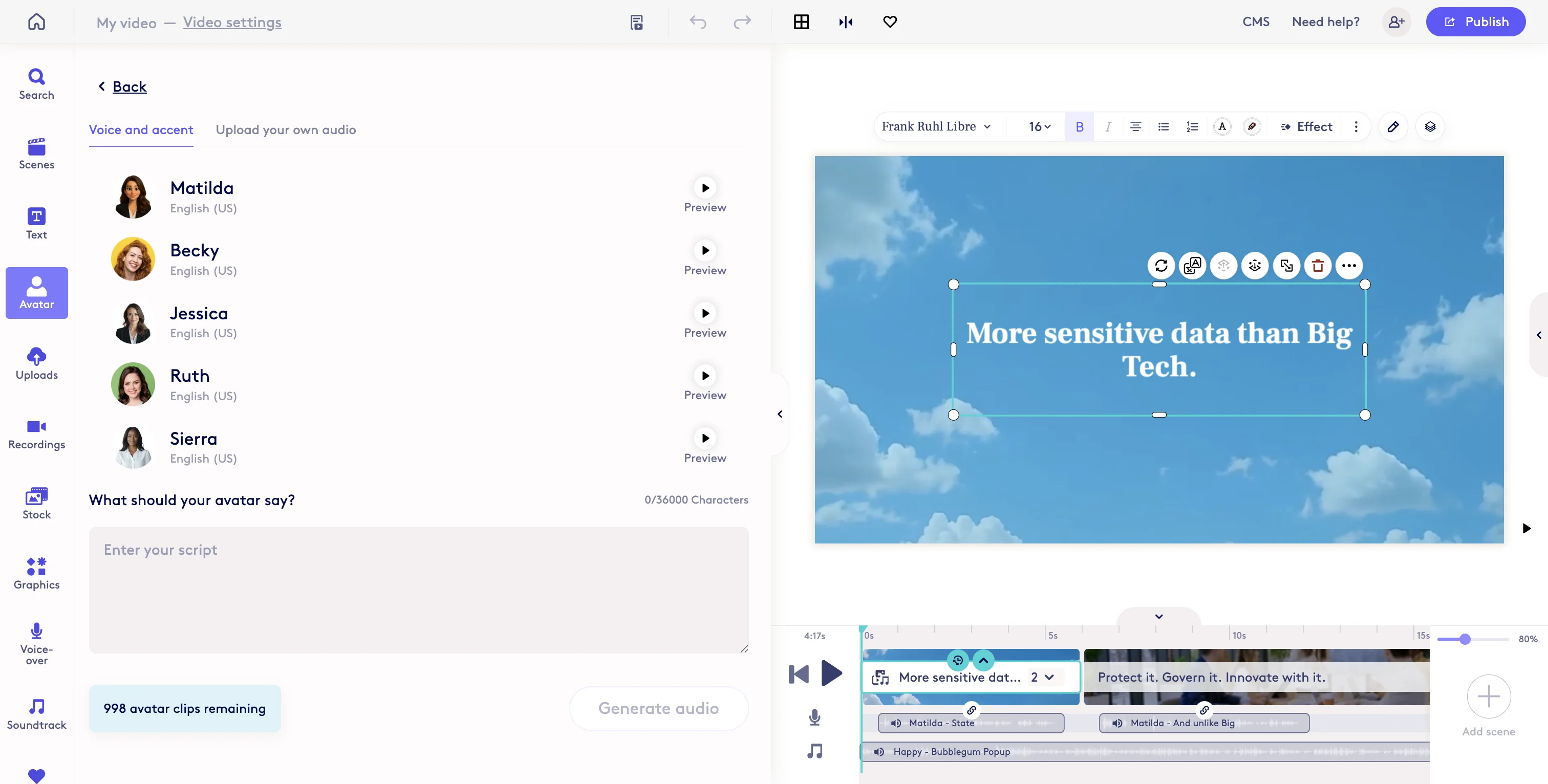 Screenshot showing When you create an AVATAR, the menu is similar (text input below though...). Again, top menu an option? "Add Voice ID"