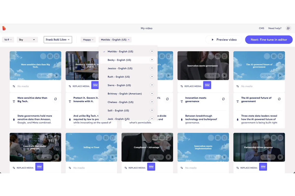 Screenshot showing In the storyboard view, you can select a voice. I'm tempted to just leave this alone but if you want to bulk apply your voice ID, this is the best place to do it.