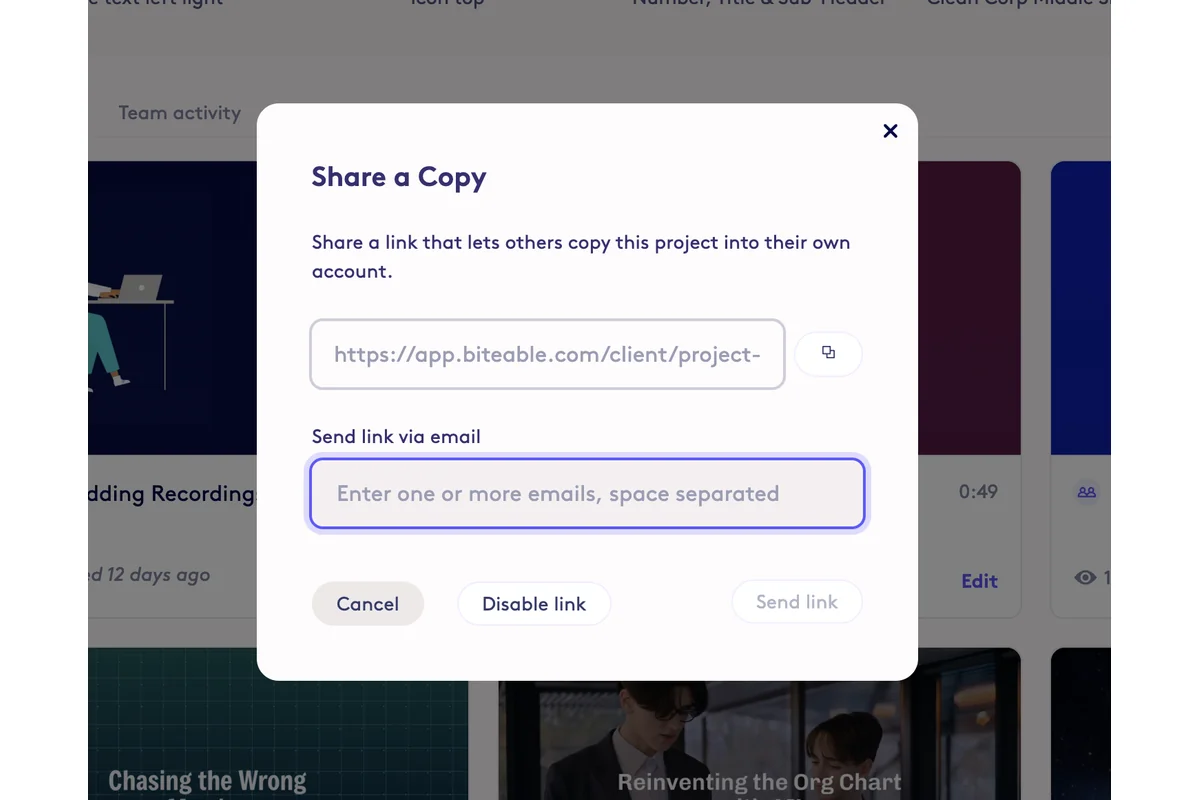 Screenshot showing Once a project has been enabled for copying, you can share with a link by copying the project copy link, or add email addresses to send the link via email.