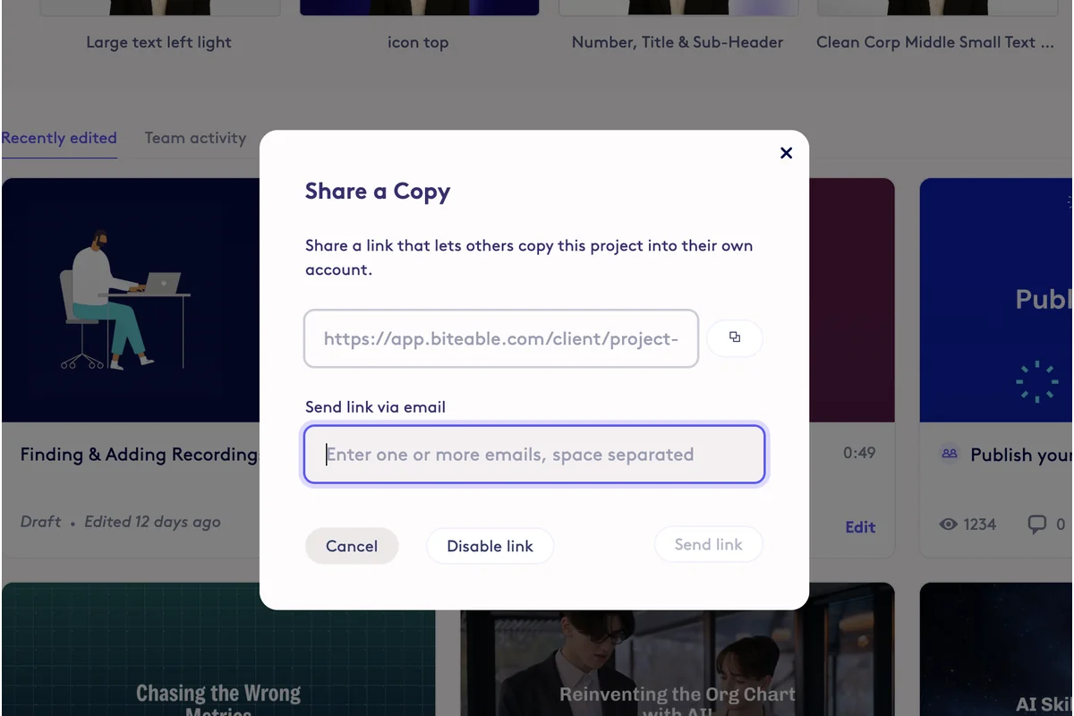 Screenshot showing To disable sharing (disables the project copy link), click 'Disable link' in the Share a Copy menu.