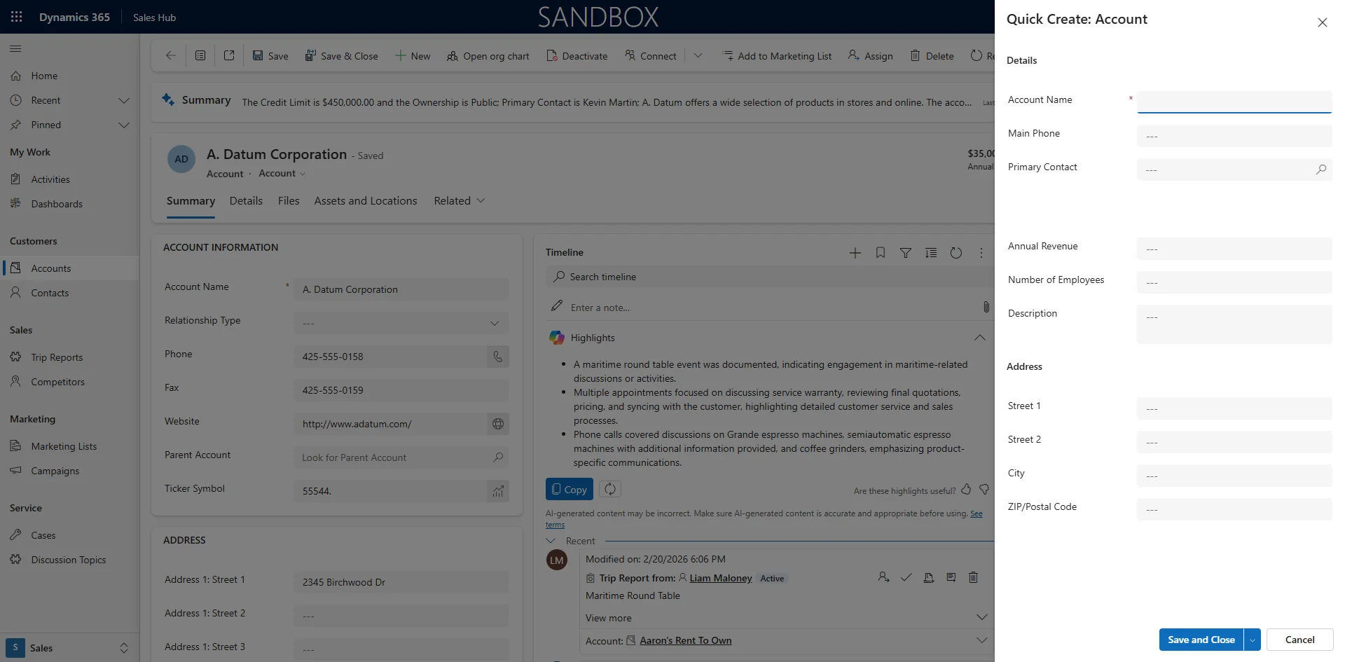 Screenshot showing The Account Quick Create form Opens