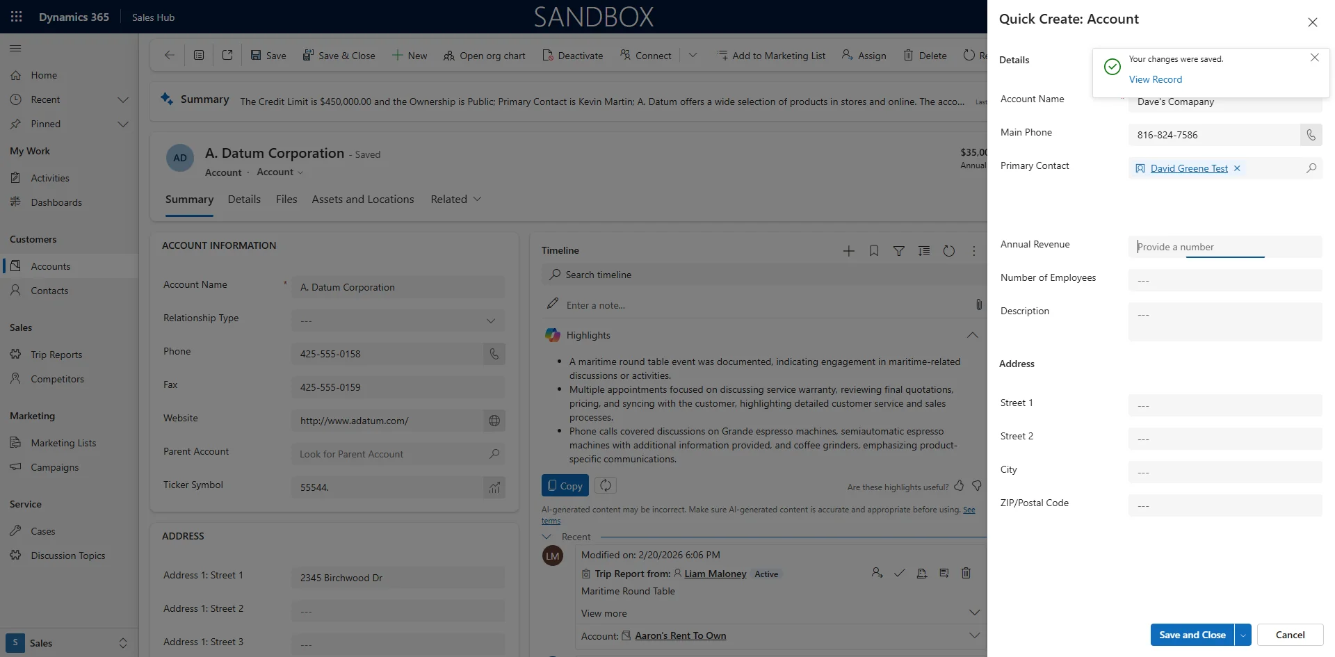 Screenshot showing The Contact form will Close and You can continue to add account information