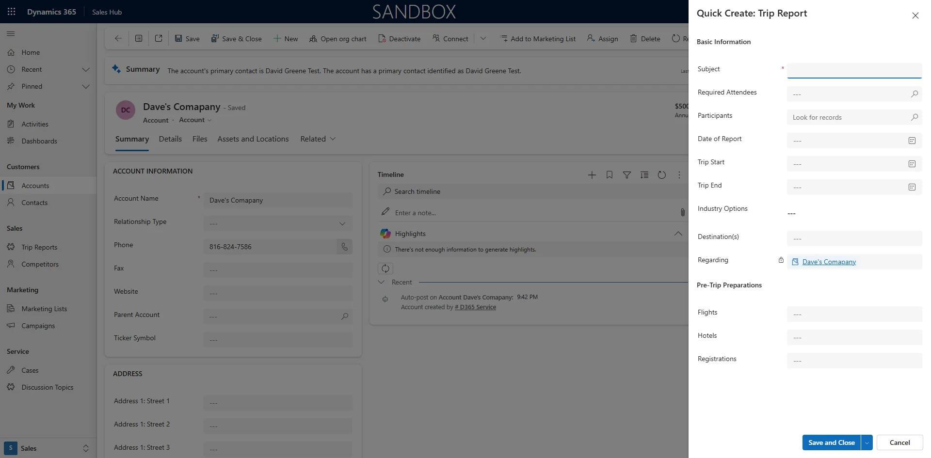 Screenshot showing Quick Create Form Opens to add a Trip Report