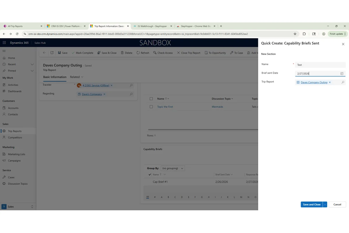 Screenshot showing Save and Close the Capability Brief Record