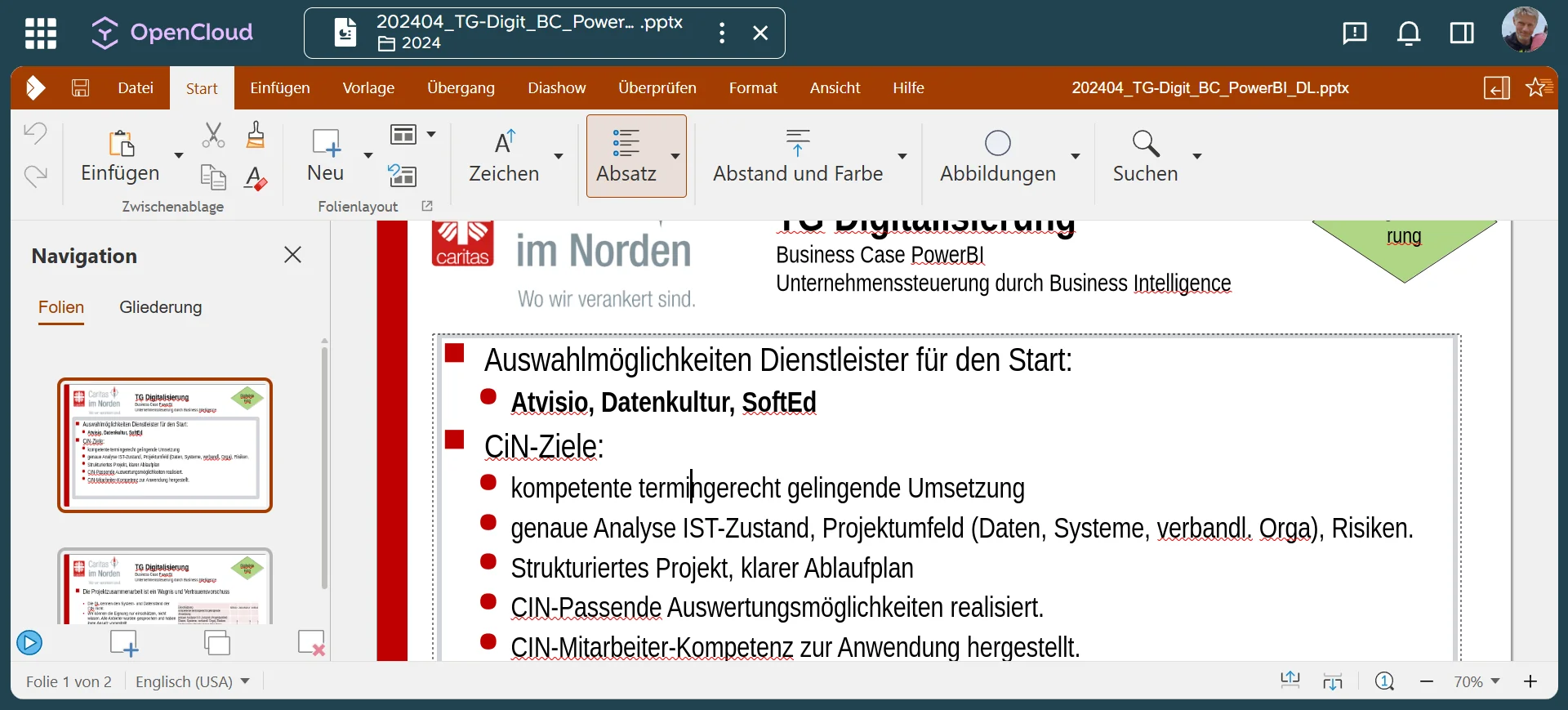 Screenshot showing Navigate to https://opencloud.caritas-im-norden.de/external-collaboraonline/project/tg_digit/00_Pr%C3%A4sentationen/2024/202404_TG-Digit_BC_PowerBI_DL.pptx?fileId=4737ac70-e333-4857-a8dc-87158d9cbc35%244f733dd1-0f1f-4c4f-9e51-29f443ec2cd2%218eabe684-0b73-40af-a003-5ec9bad77503&contextRouteName=files-spaces-generic&contextRouteParams.driveAliasAndItem=project%2Ftg_digit%2F00_Pr%C3%A4sentationen%2F2024&contextRouteQuery.fileId=4737ac70-e333-4857-a8dc-87158d9cbc35%244f733dd1-0f1f-4c4f-9e51-29f443ec2cd2%21e270ed09-43ae-45d6-867e-b75d3013cb55&contextRouteQuery.sort-by=name&contextRouteQuery.sort-dir=asc